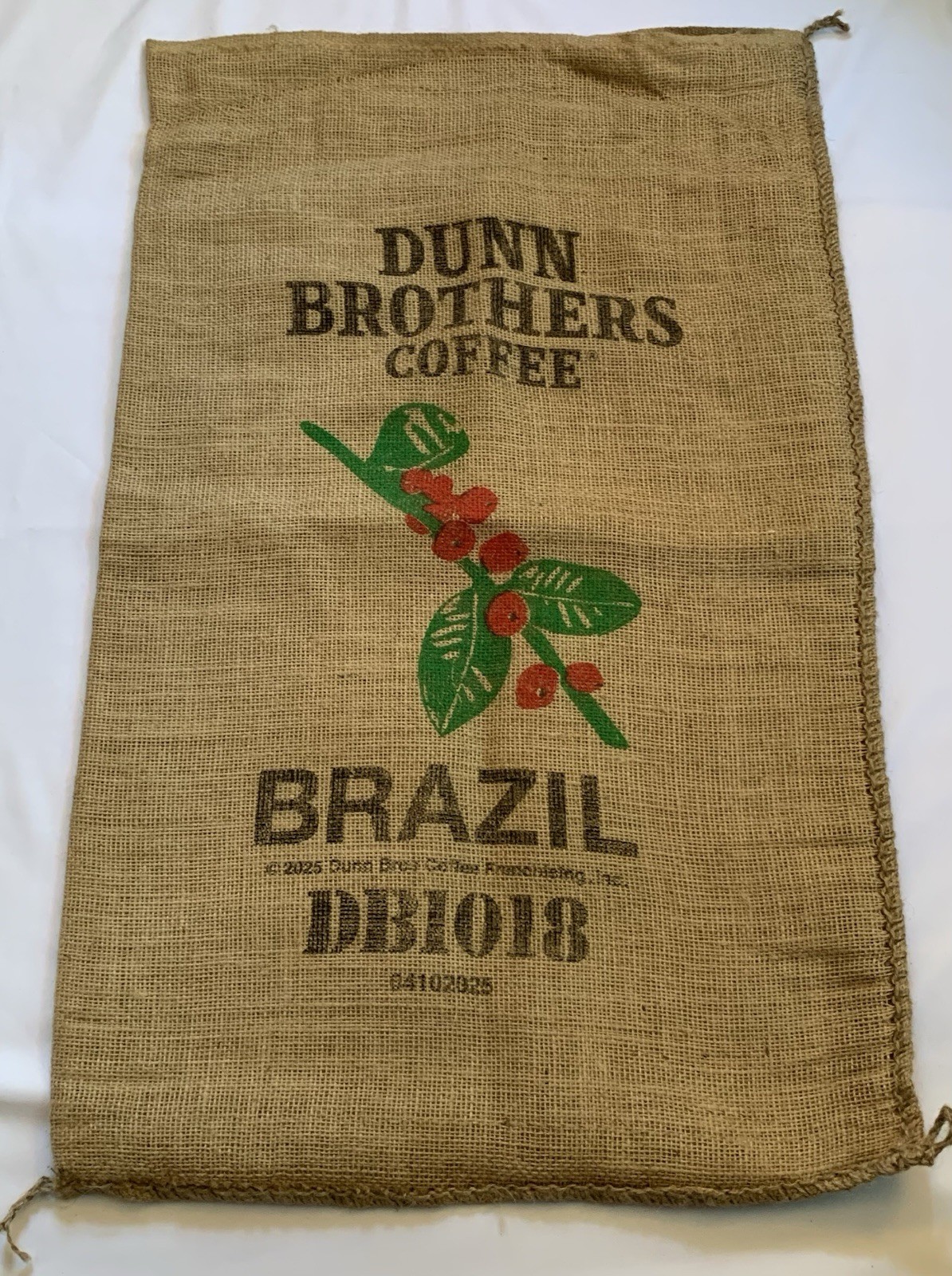 DUNN BROS Coffee Gunny Sack Burlap Bag BRAZIL Green branch with Berries Brothers