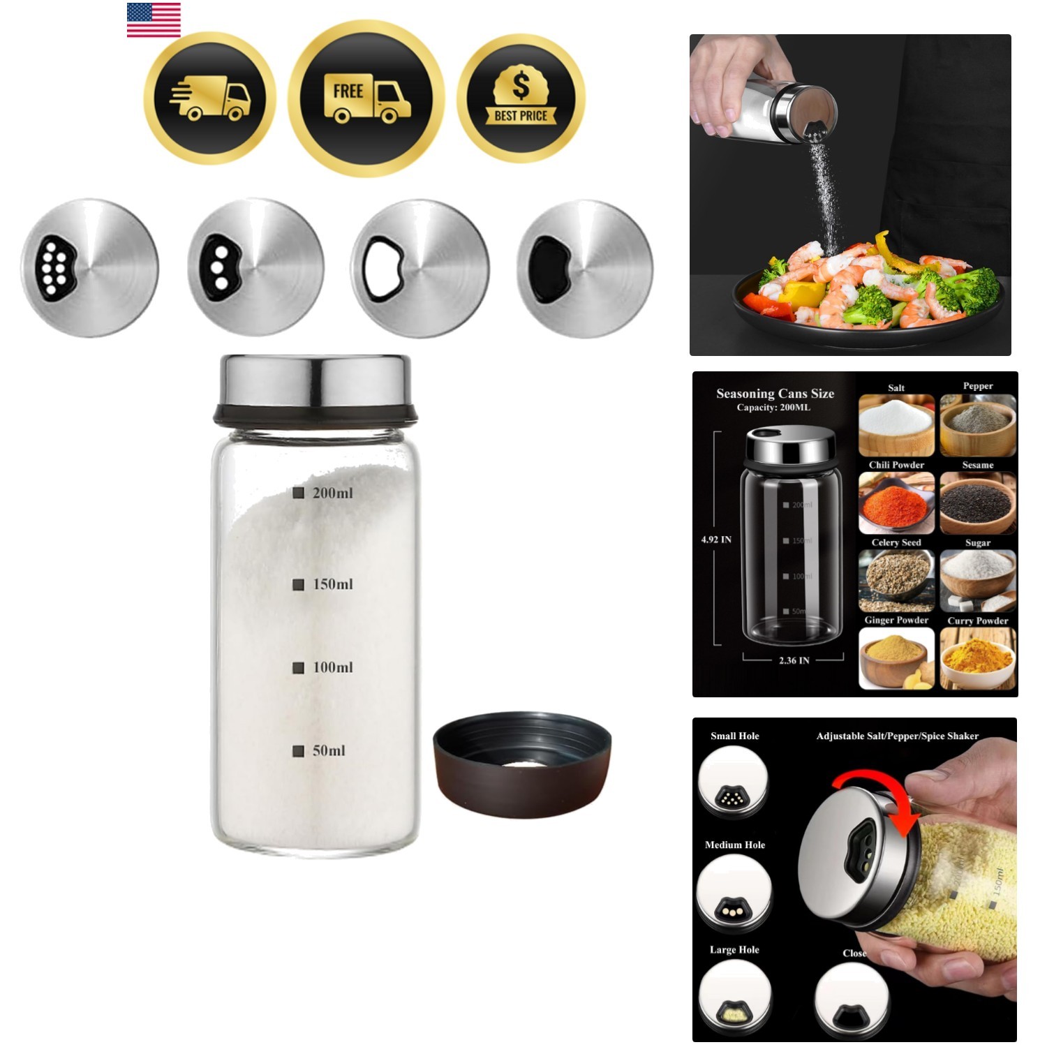 Salt and Pepper Shaker Set Large Capacity Spices Dispenser with Adjustable Holes