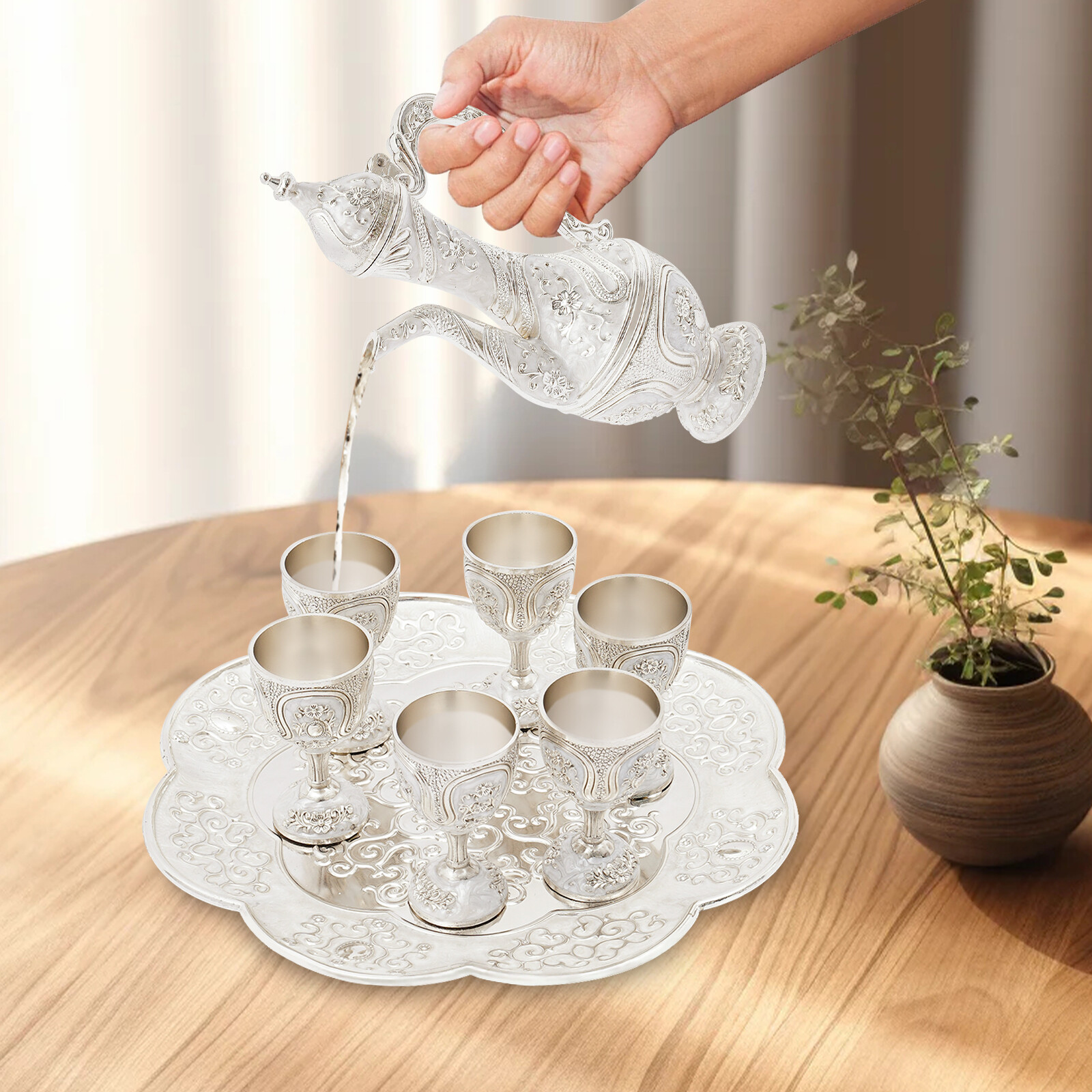 Silver Teapot Vintage Zinc Alloy Tea Set w/ 6 Cups & Tray for serving tea/coffee