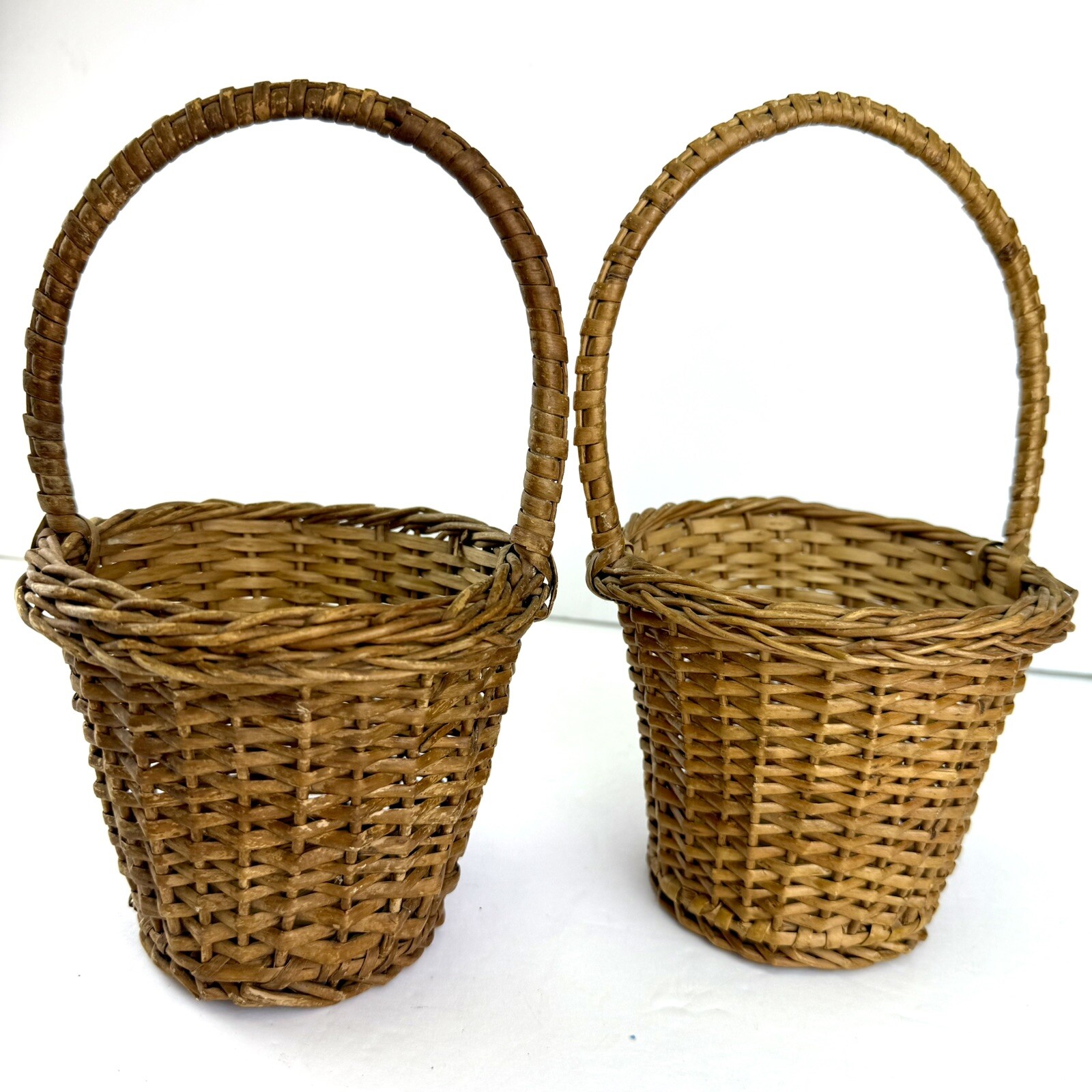 Pair 2 Wicker Baskets Handled Small 8” Brown Farmhouse Decor Basket