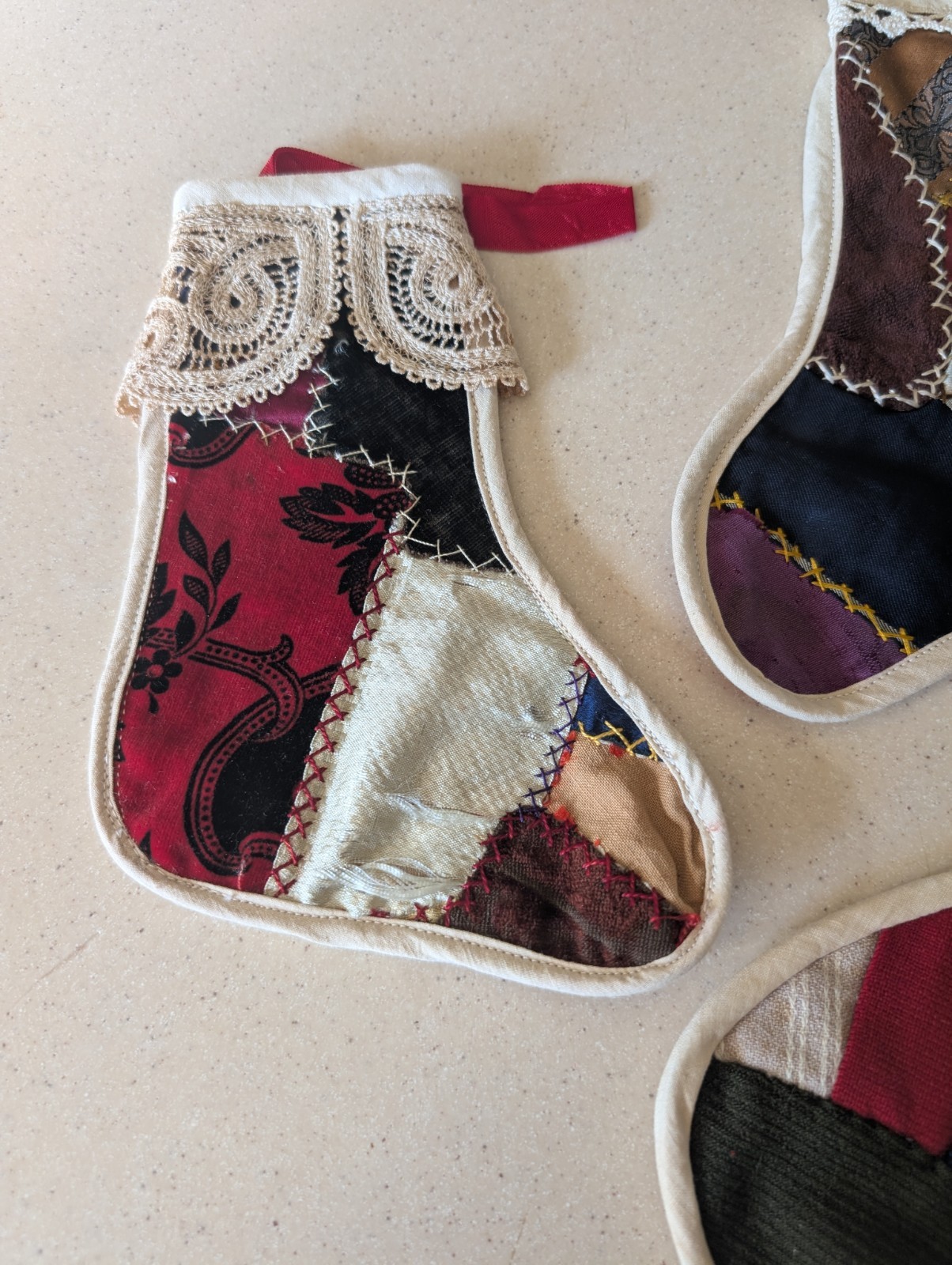 Lot 3 Vintage Crazy Quilt Patchwork Christmas Stockings