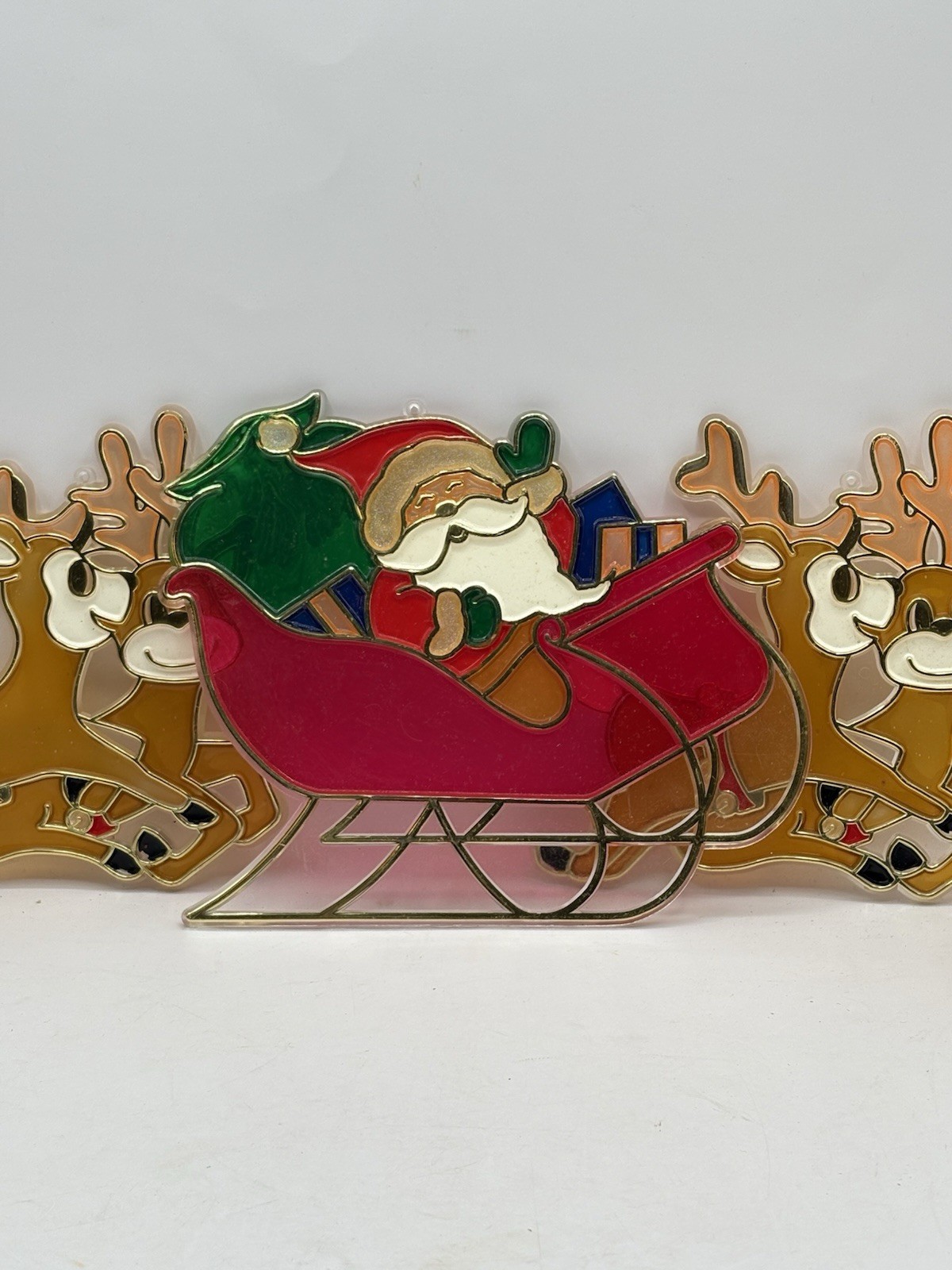 VINTAGE 5 PIECE PLASTIC STAINED GLASS SUN CATCHER SANTA SLEIGH REINDEER