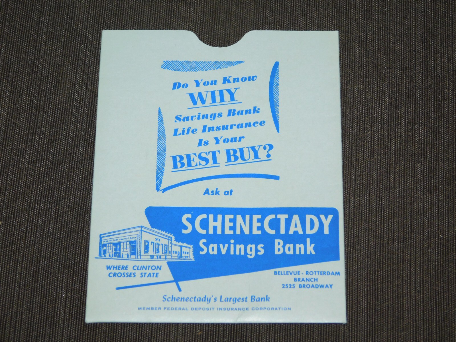 VINTAGE SCHENECTADY SAVINGS BANK CARDBOARD BANK BOOK HOLDER