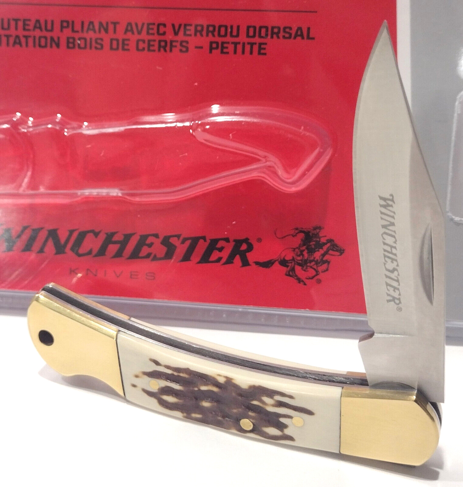 Winchester Small Stag Bone Clip Point Blade Lockback Folding Pocket Knife EDC