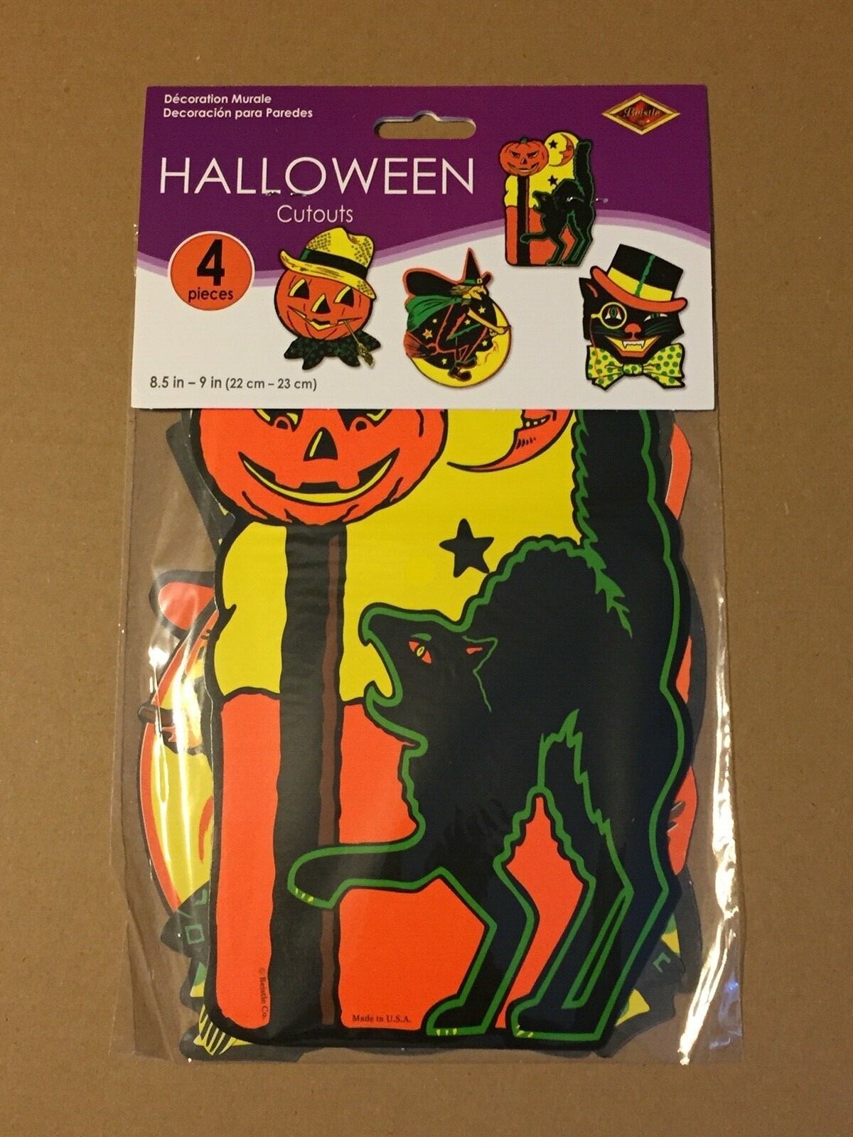 VINTAGE HALLOWEEN RETRO BEISTLE 4 CT CUTOUTS 8.5″ – 9″ (PUMPKIN,WITCH, CAT…..)