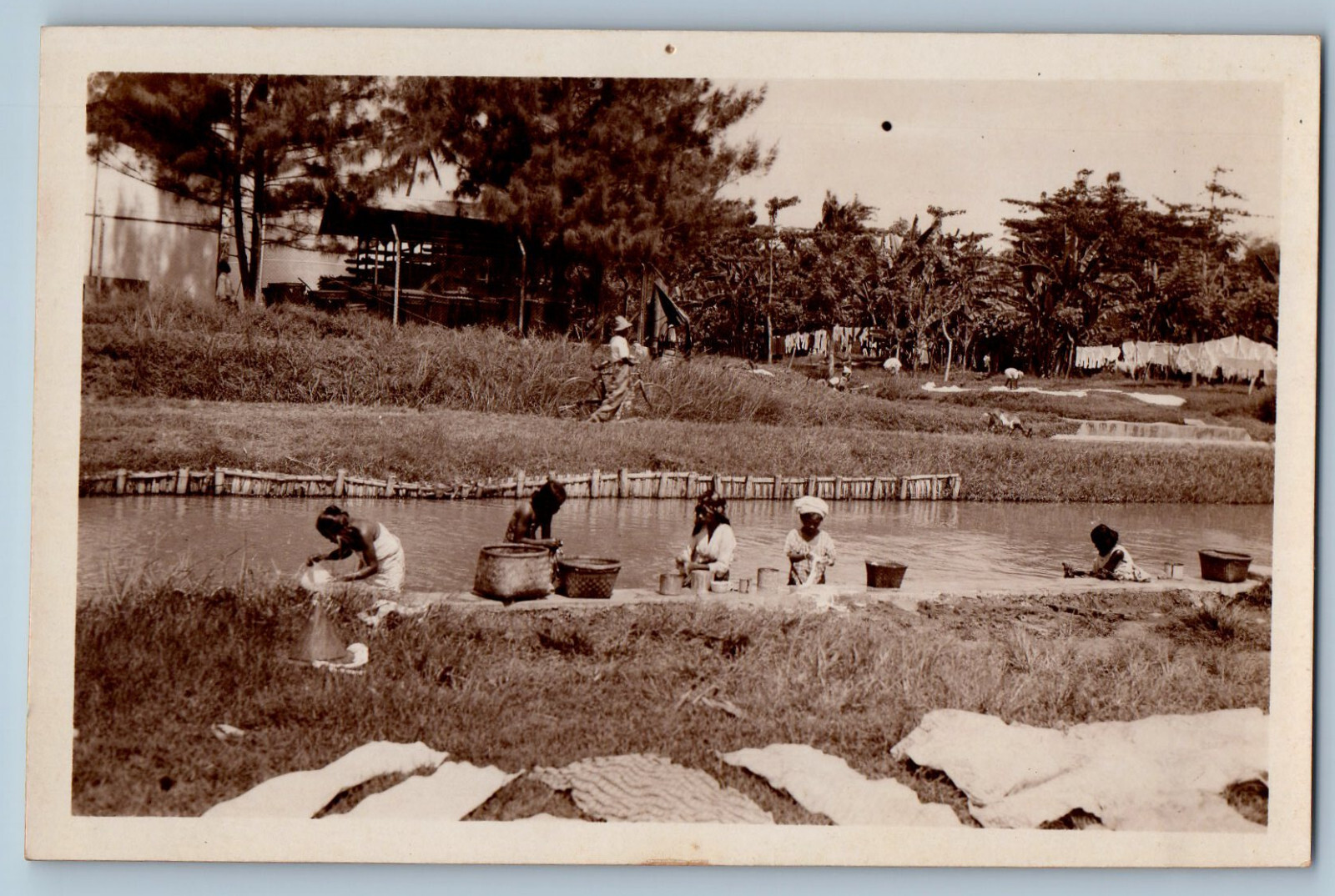Indonesia Postcard Women in River with Baskets c1930’s Unposted RPPC Photo