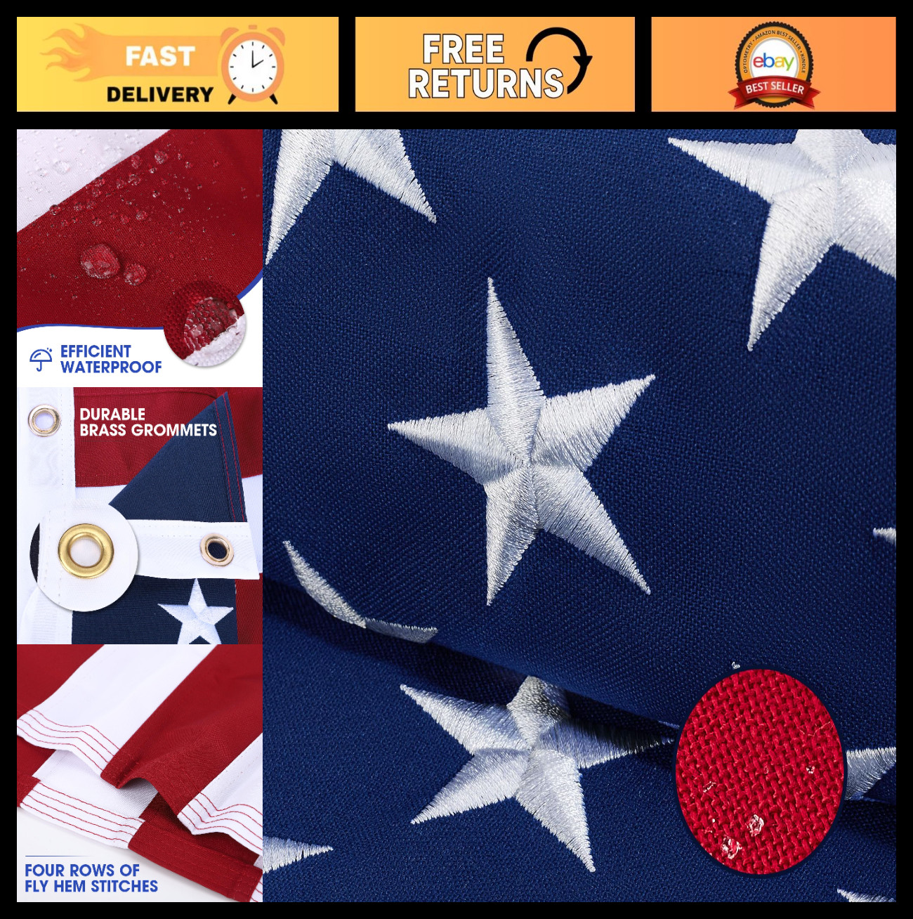 3×5 FT American Flag – Heavy Duty Weatherproof Polyester, Embroidered Stars, Bra