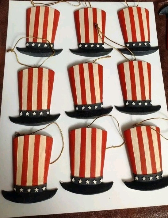 Lot Of 8 Patriotic Christmas Ornaments Uncle Sam Hats 1995