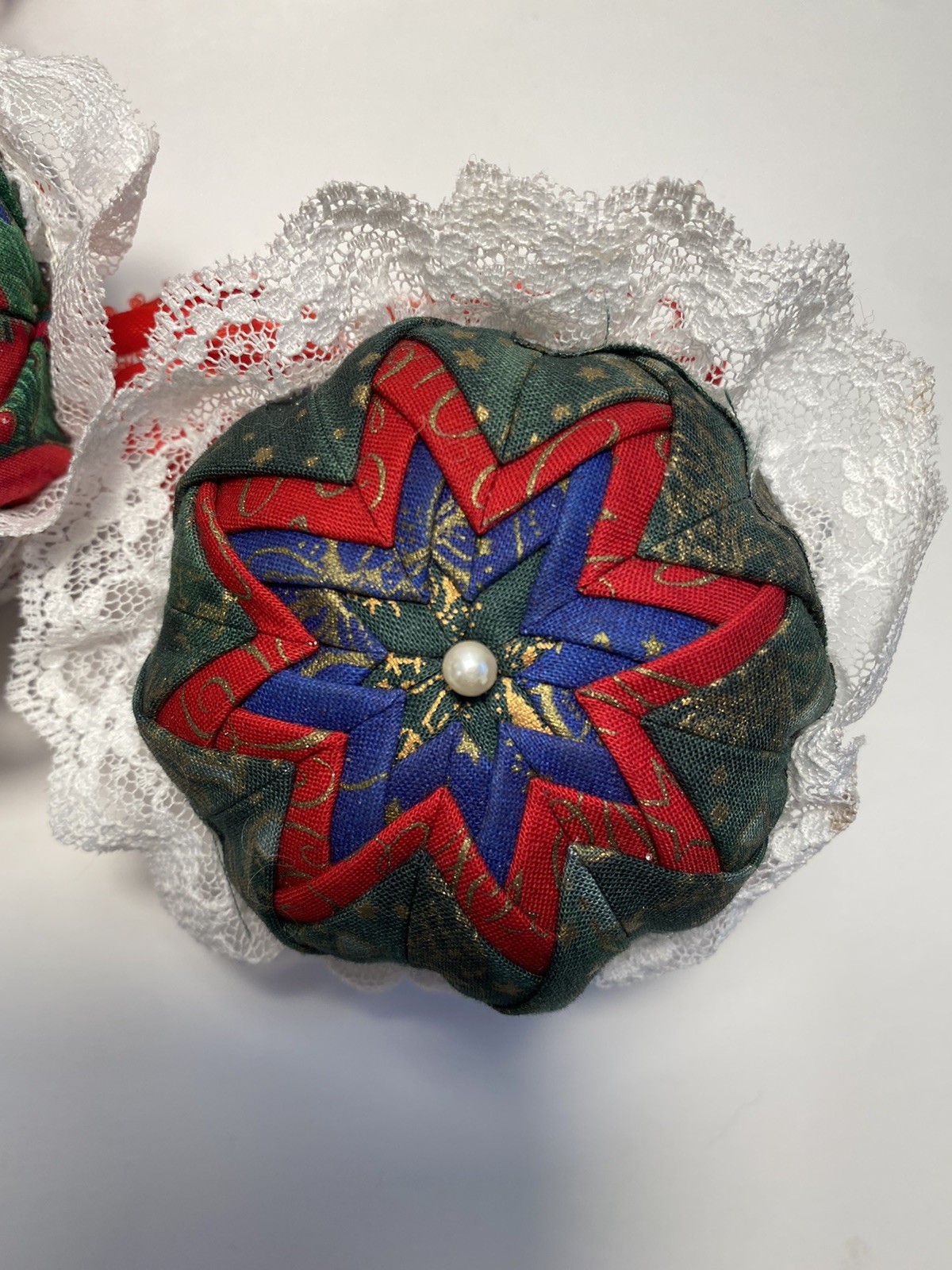 3 Vintage Handmade Folded Star Quilted Patch Red White Christmas Ball Ornament
