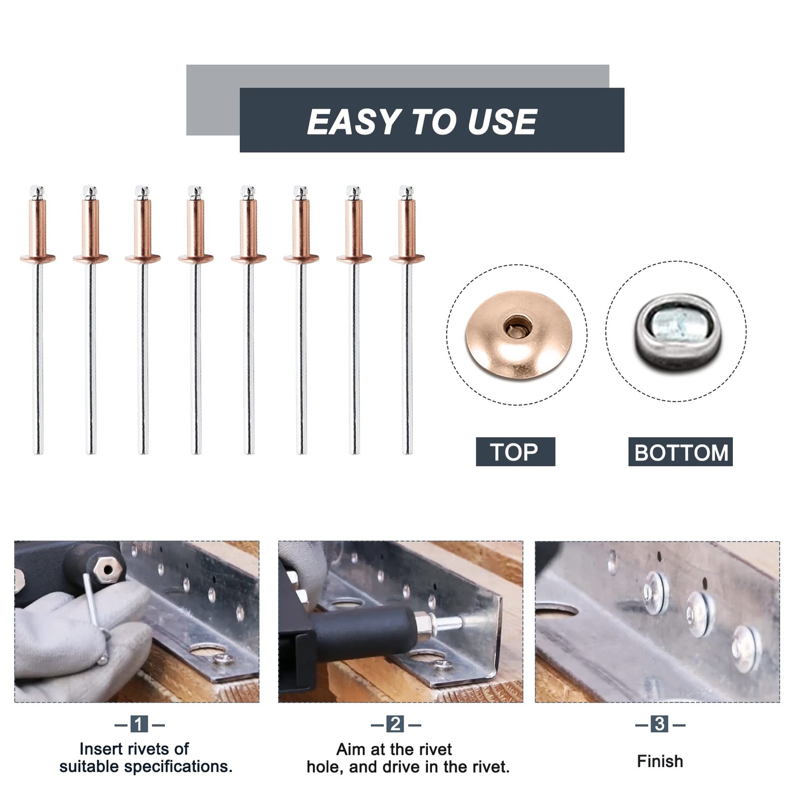 1/8″ x 1/2″ Red Copper Pop Rivets Assortment – 60Pcs, Aluminum Rivets Metal Blin