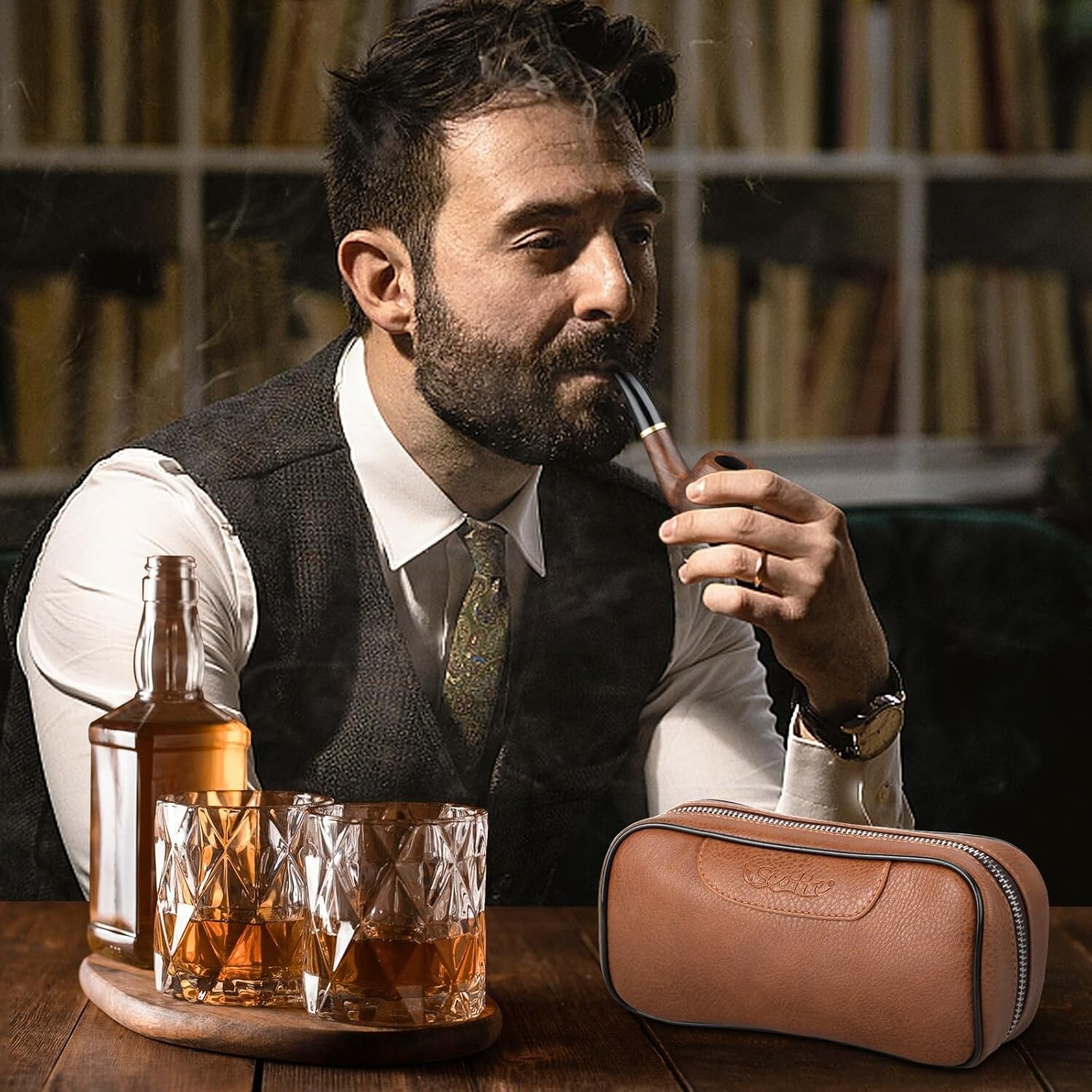 Handmade Pipe Set, Leather Pipe Pouch, Wood Pipe and Accessories (Scraper/Stand/