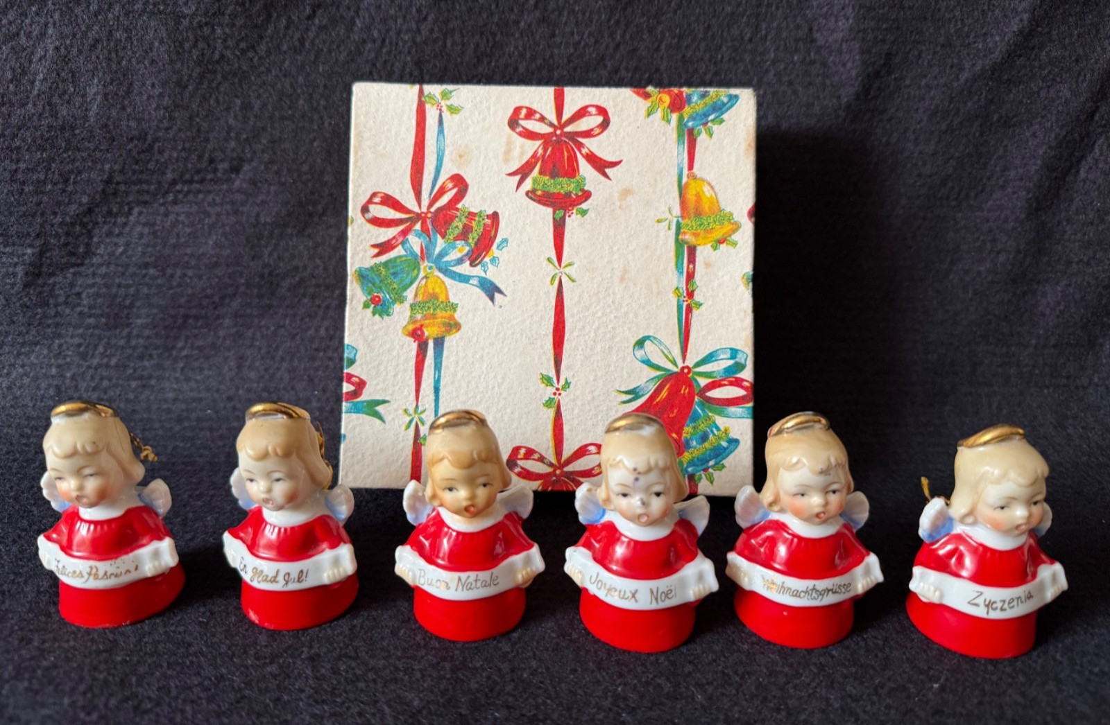 Vintage MCM 1940s/50s Ardalt Porcelain ANGEL BELLS Set Of 6 Original Box ~JAPAN