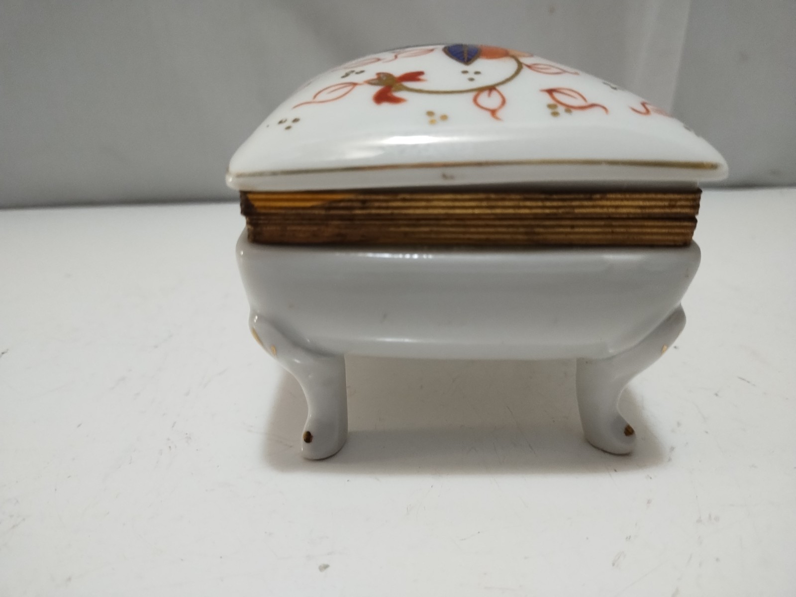 Four Legged Porcelain Hinged Square Trinket Box Floral Orange Whimsical Retro