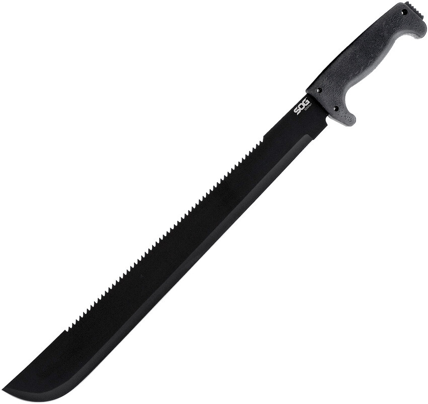 SOG SogFari Machete 24″ Overall Fixed Serrated Sawback Blade Black Handle MC02N