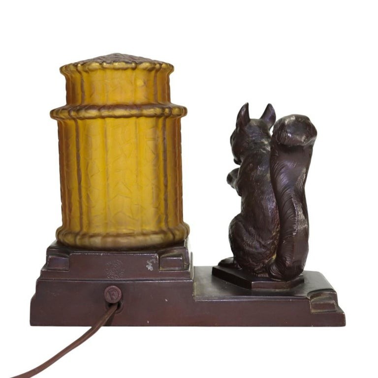 Nuart Creations Art Deco Squirrel & Bird Accent Lamp With Amber Shade c1930