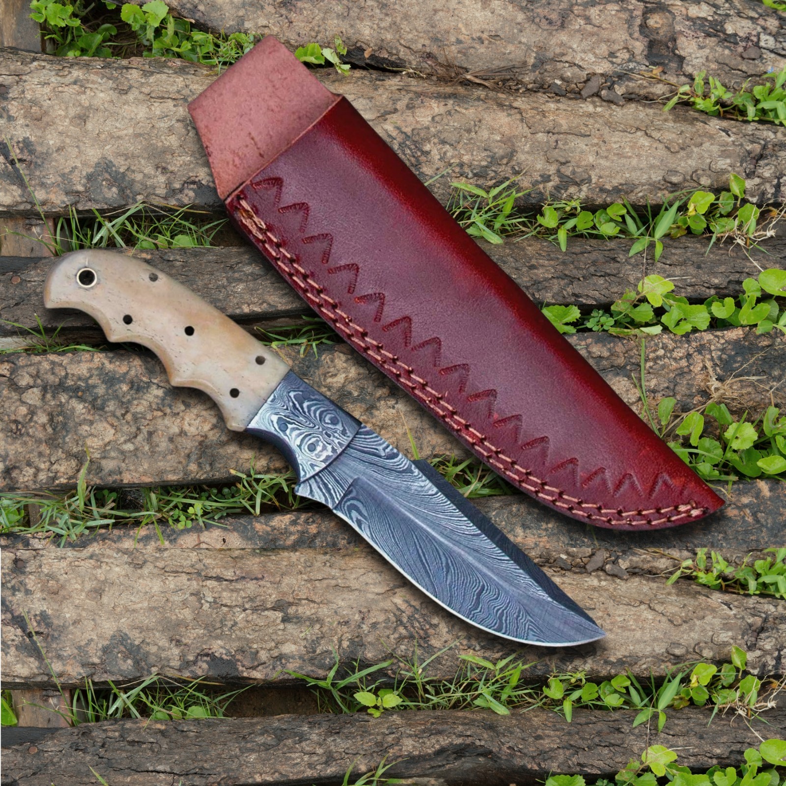 Feather Pattern Fixed Blade Hunter Knife 4.5″ Damascus Steel with Bone Handle