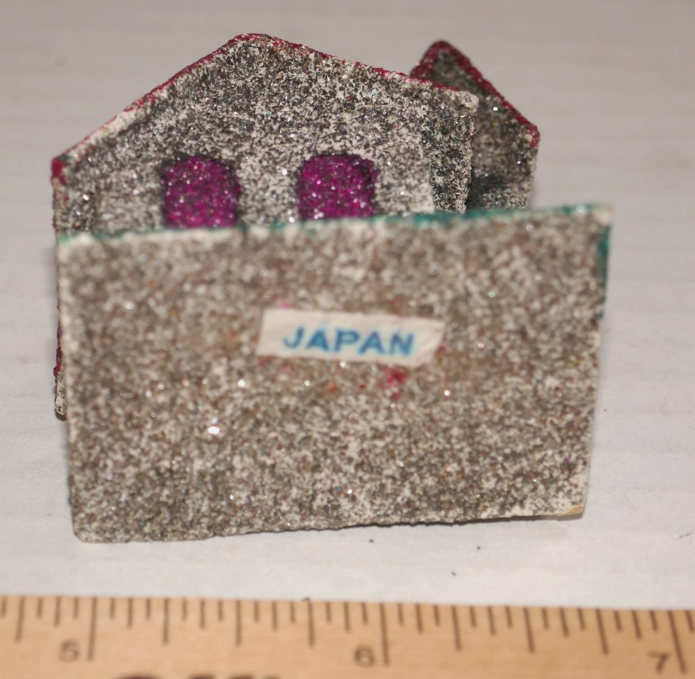 Set Of 5 Vintage Mini Putz Village Glitter Houses & Church-Japan Sticker