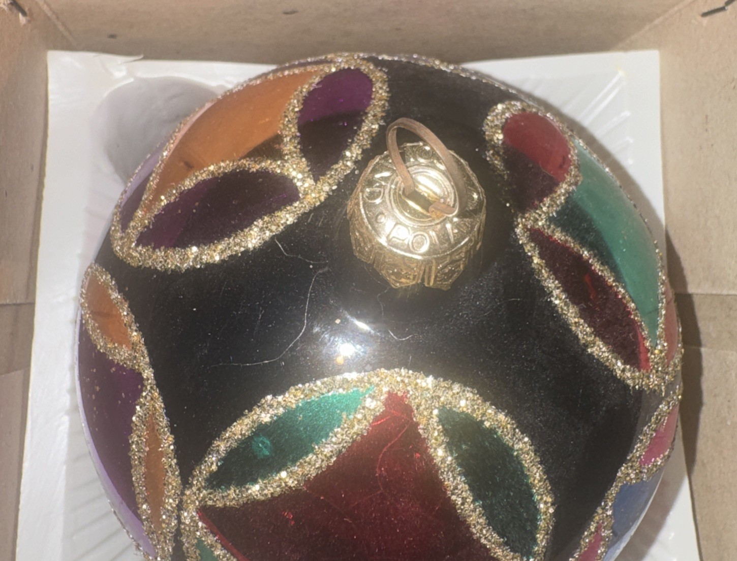 Radko ? Black Red Circles & Squares Multicolored Glass Ball Ornaments Poland X6