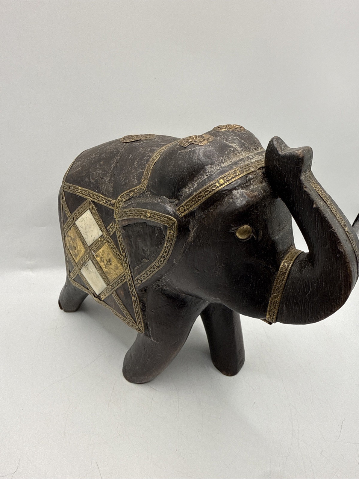 Vintage India Elephant Carved Wood with Stone Inlay and Brass Accents