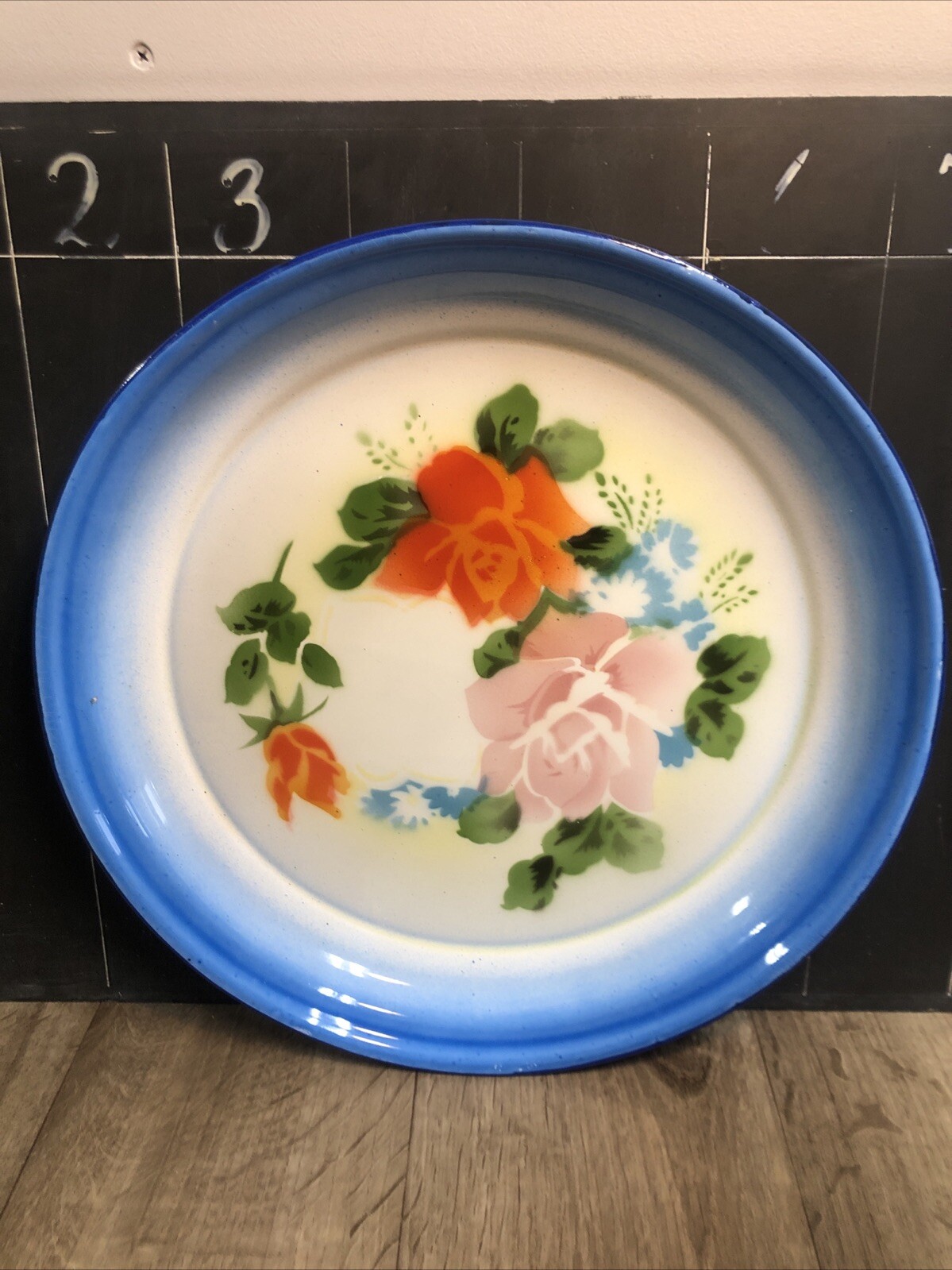 Vintage Enamelware Metal Tray Blue Rim Floral 13.75” MCM 1950s China Enamel A6