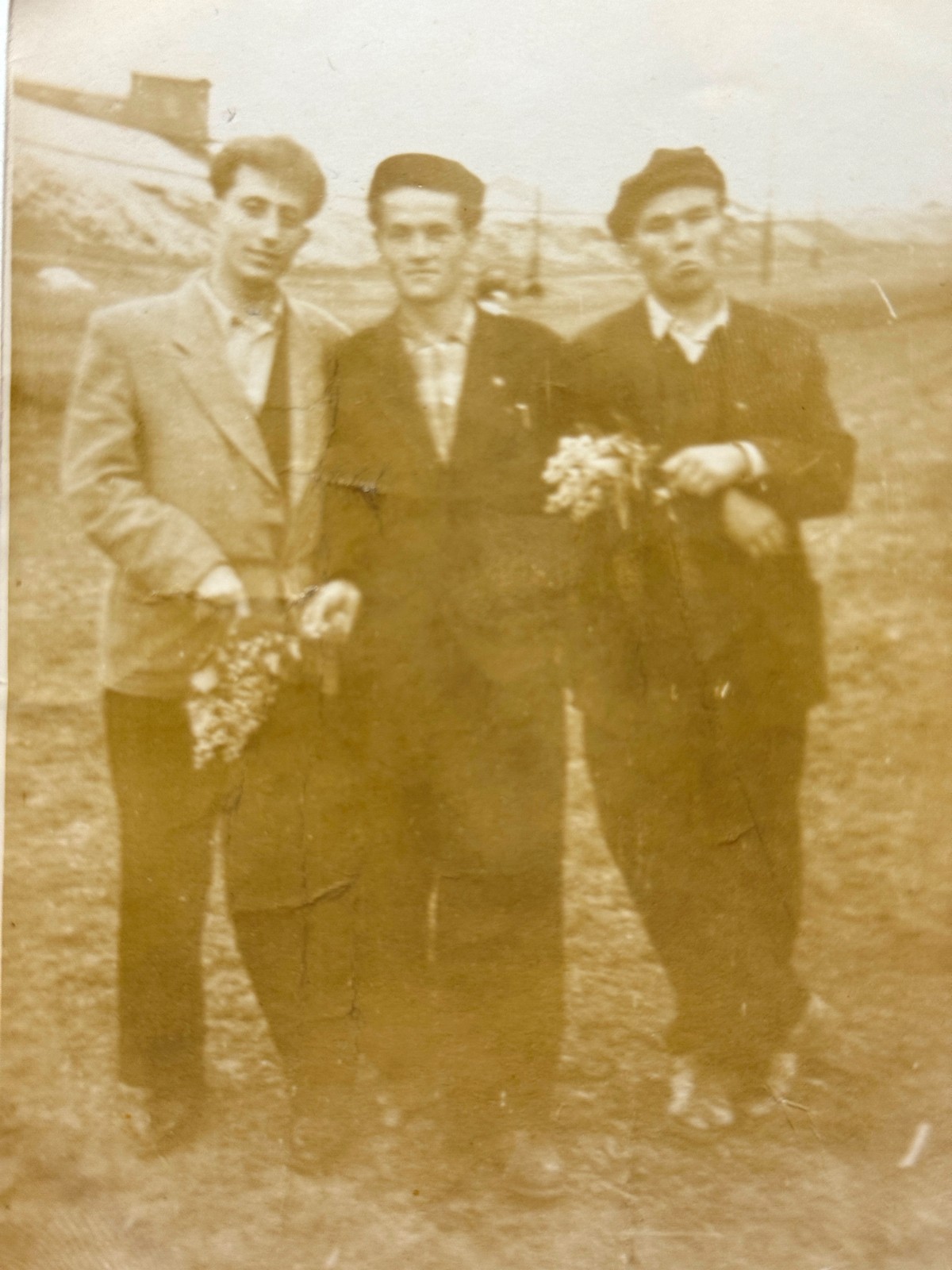 1950s Three Young Men Flowers Portrait Soviet Vtg Snapshot Photo B&W Original