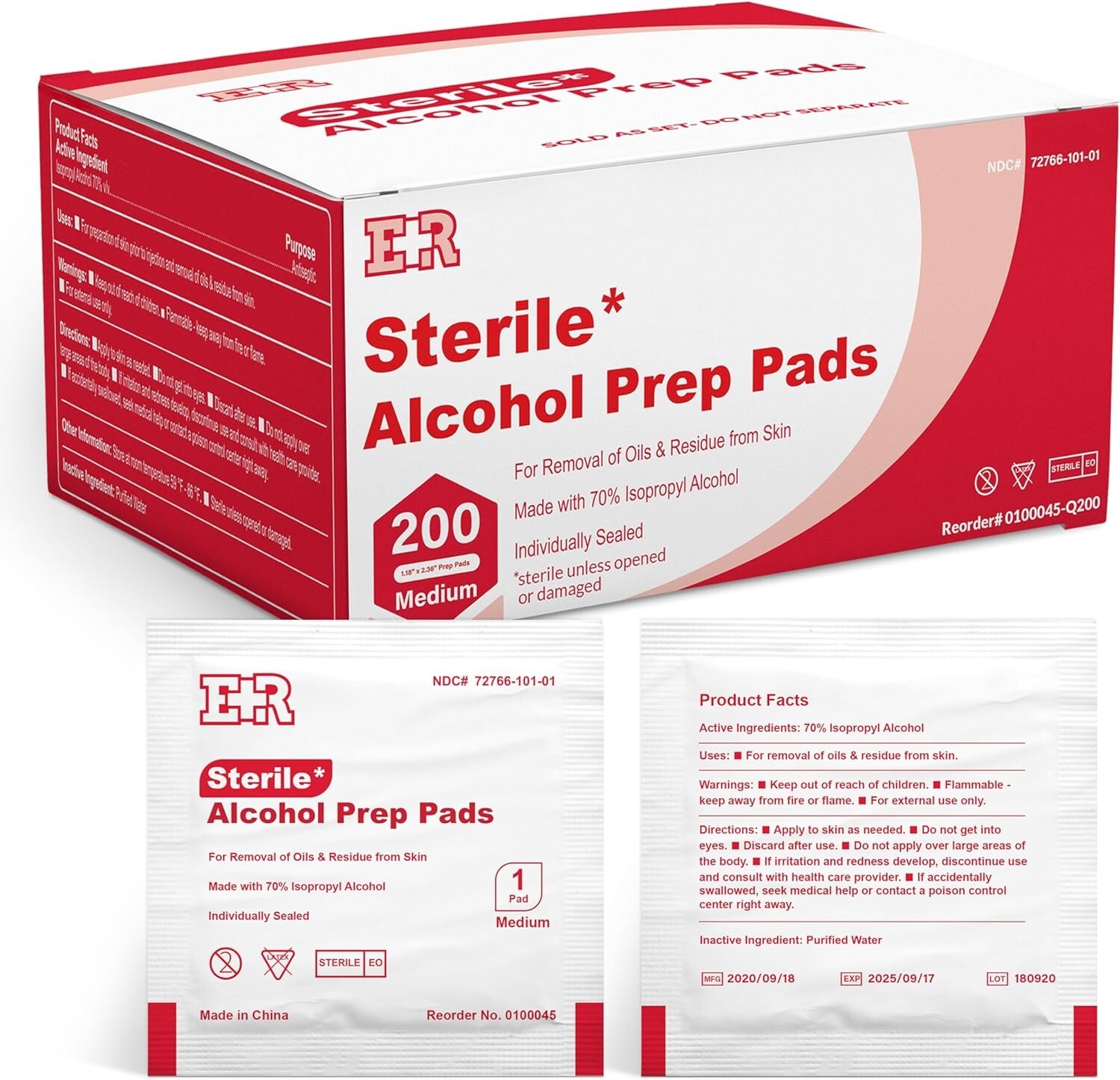 Ever Ready First Aid Alcohol Prep Pads Individually Wrapped Swabs – 200 Pads