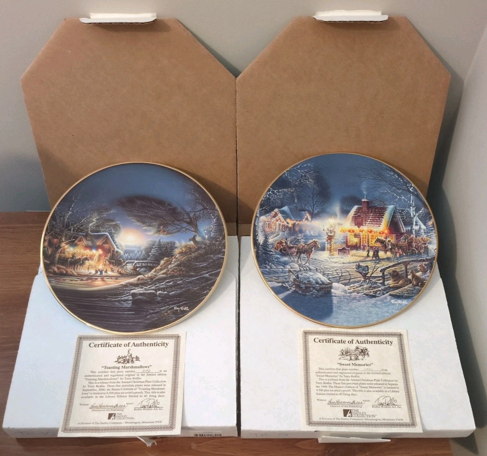 Set Of 2 Terry Redlin Annual Christmas Collection Ltd Ed 9 3/8″ Hadley COA & Box