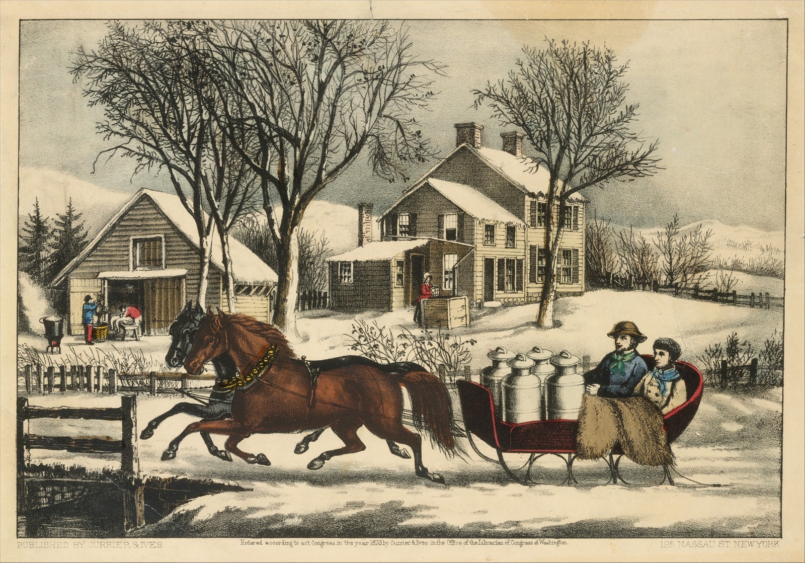 Currier Ives Winter Morning Vintage 1873 Horse Sleigh Reprint Wall Art