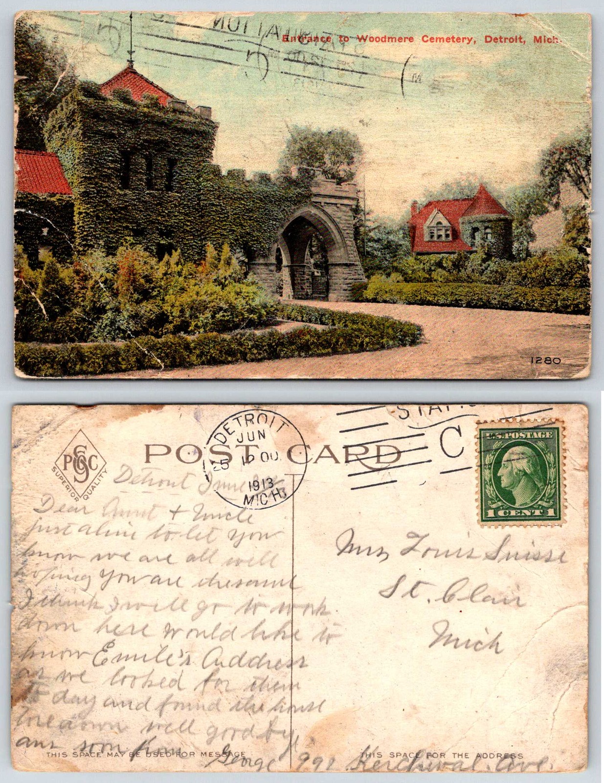 Detroit Michigan Woodmere Cemetery Entrance Postcard AK639 creasing