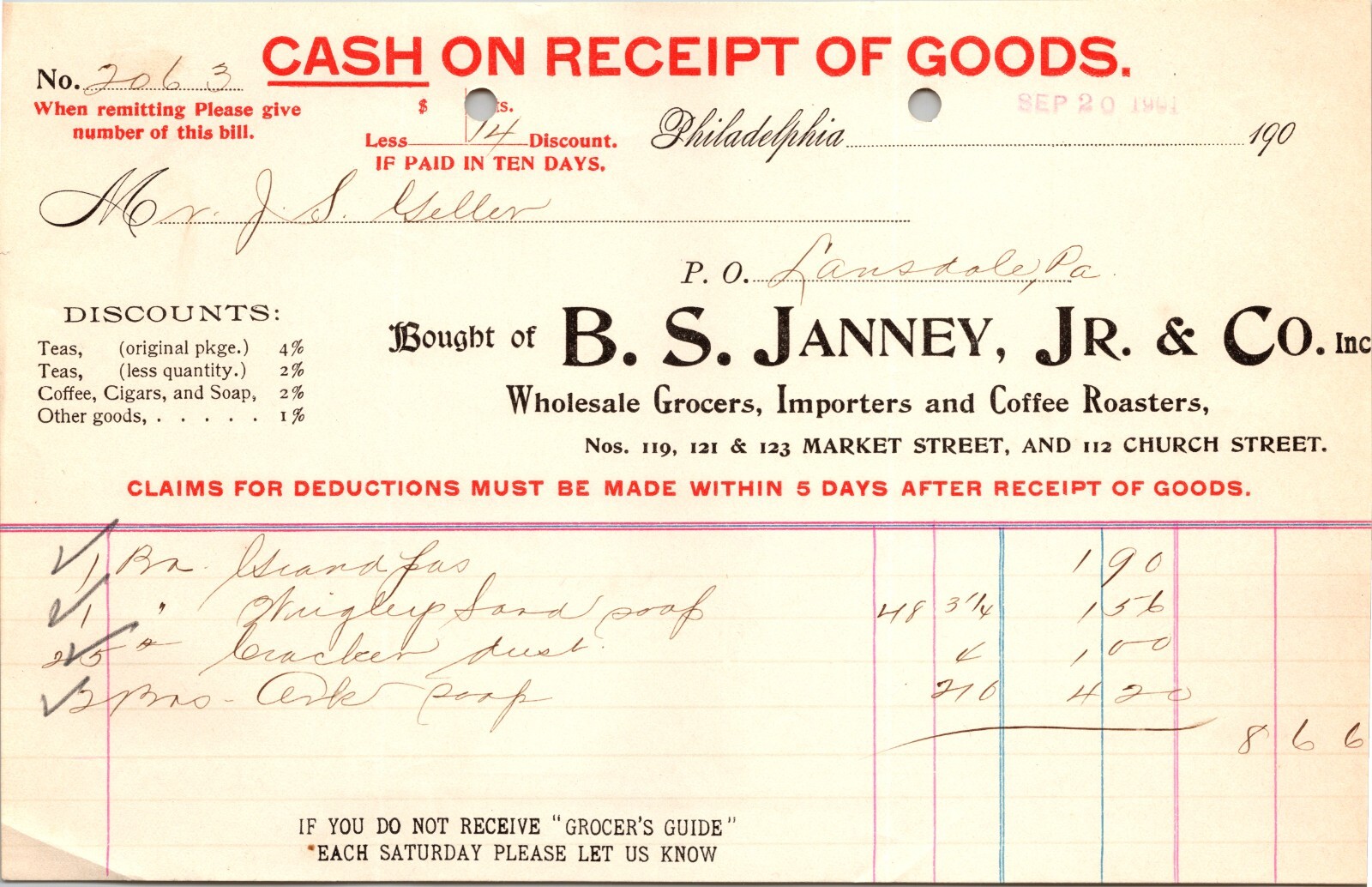 Janney & Co Philadelphia PA 1901 Billhead Grocers Coffee Roasters