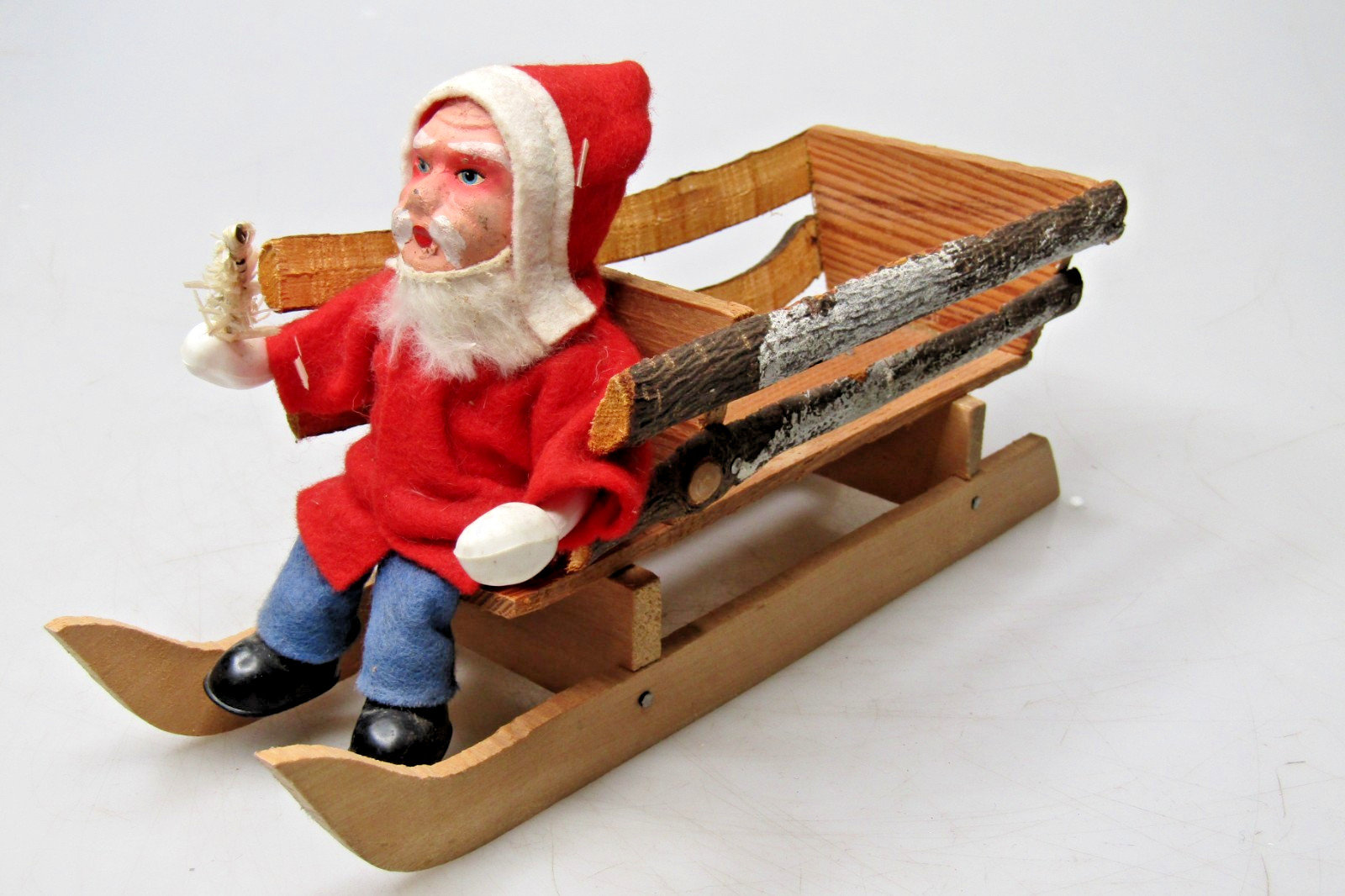 Vintage Composition Face Santa w Tree Wooden Sleigh Christmas Ornament Germany