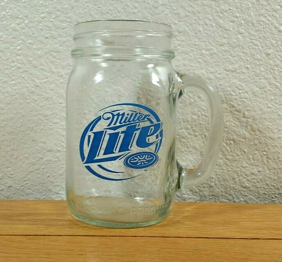 MILLER LITE Beer Logo Barware Mason Jar Style Glass Cup 5″ Inch Tall BEER MUG