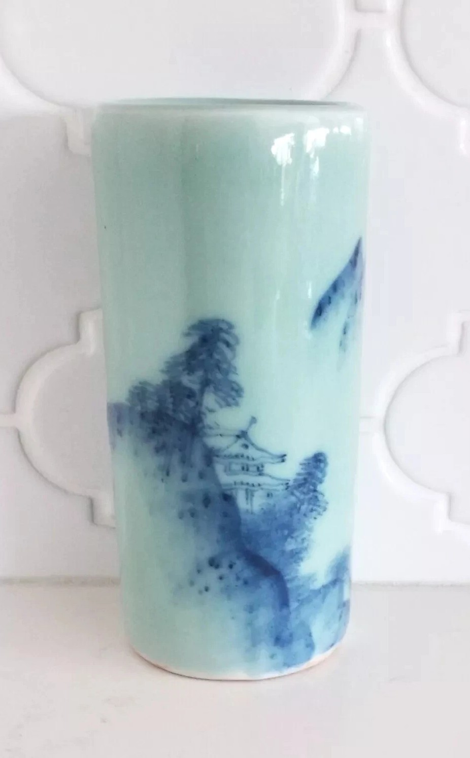 Vtg MCM 7″ Japanese Celadon Porcelain Vase Grand Mtn Nature Cobalt Cylinder MINT