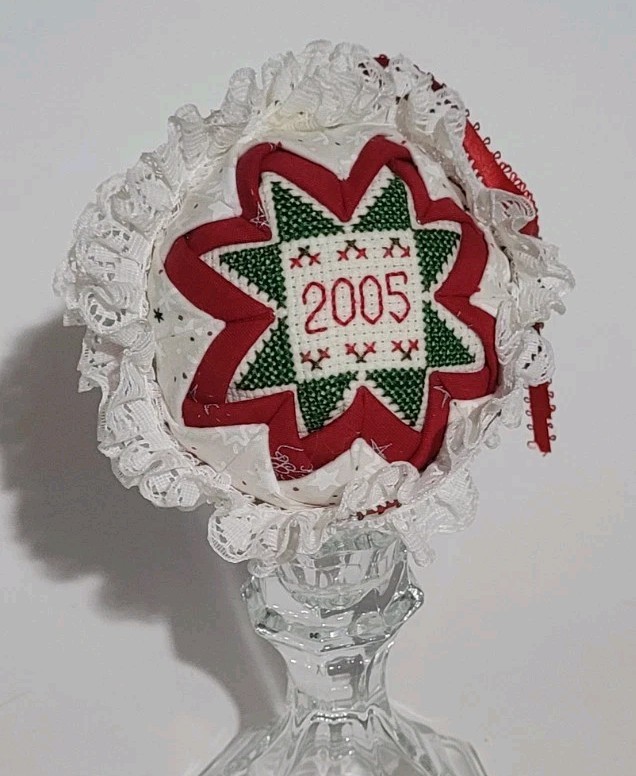 Hand Crafted Quilted Folded Star 4”Ball Xmas Tree Ornament Cross Stitch Lace Vtg