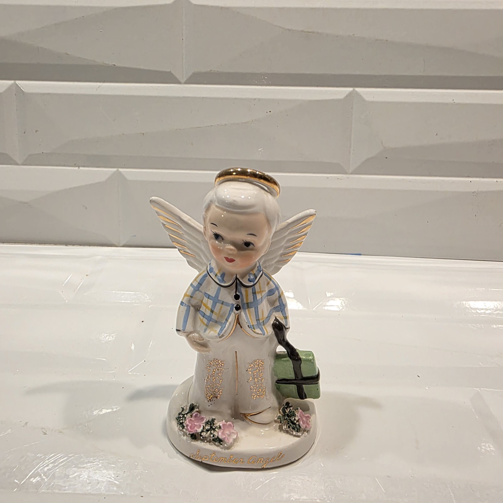 Napco September Birthday Boy Angel Off To School 4.25″ Figurine Vintage 1956