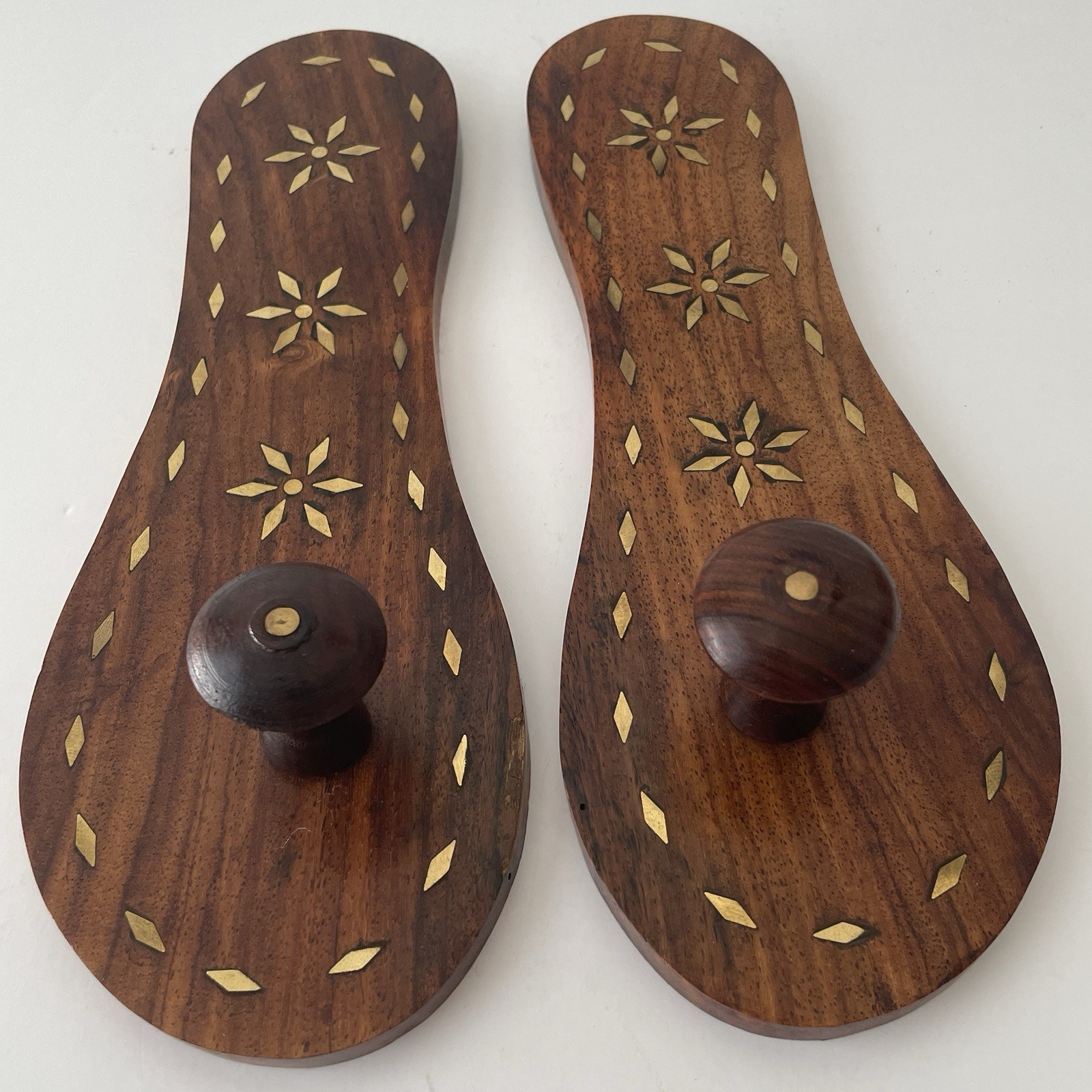 Vintage Indian Paduka Khadau Wooden Worship Sandals Brass Inlay Pair 11in