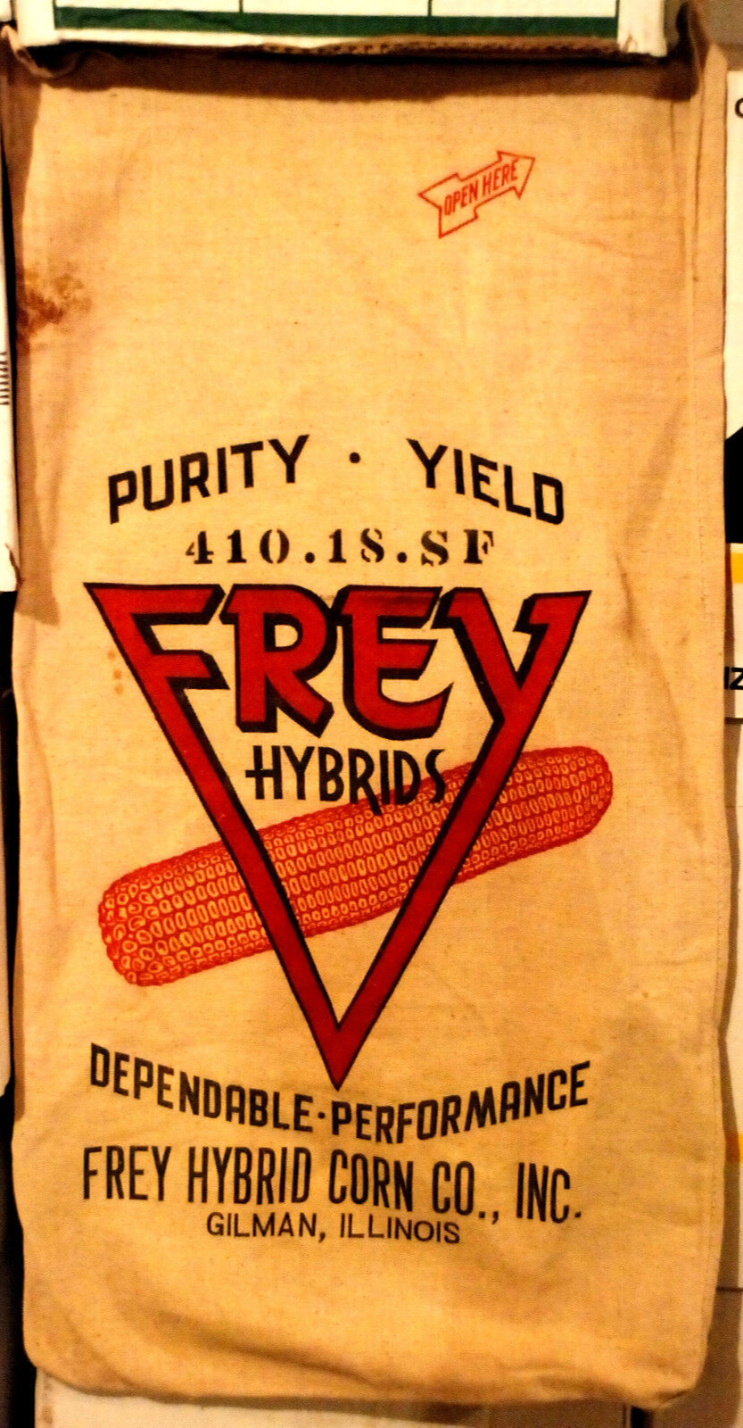 Vintage FREY HYBRID SEED CORN CLOTH SACK with ear of corn, GILMAN, ILLINOIS IL