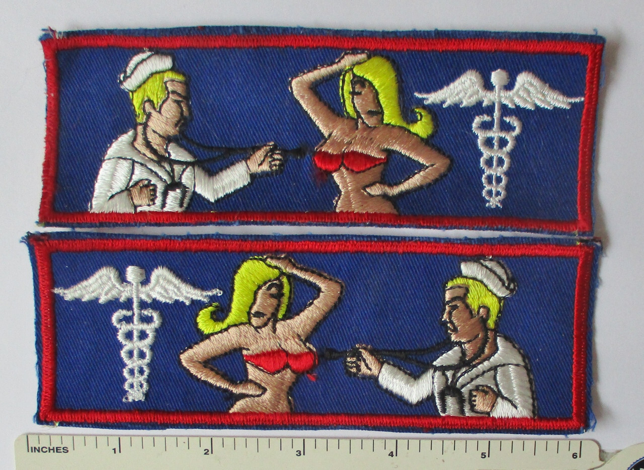 1960s Pair US NAVY CORPSMAN BIKINI BABE LIBERTY CUFF PATCHES Vietnam War Vintage