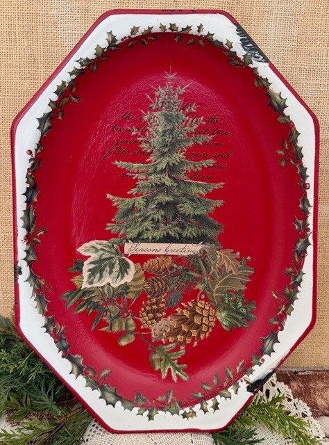 CHRISTMAS IN JULY! VINTAGE ENAMELWARE OCTAGONAL TRAY ONE-OF-A-KIND WALL DECOR