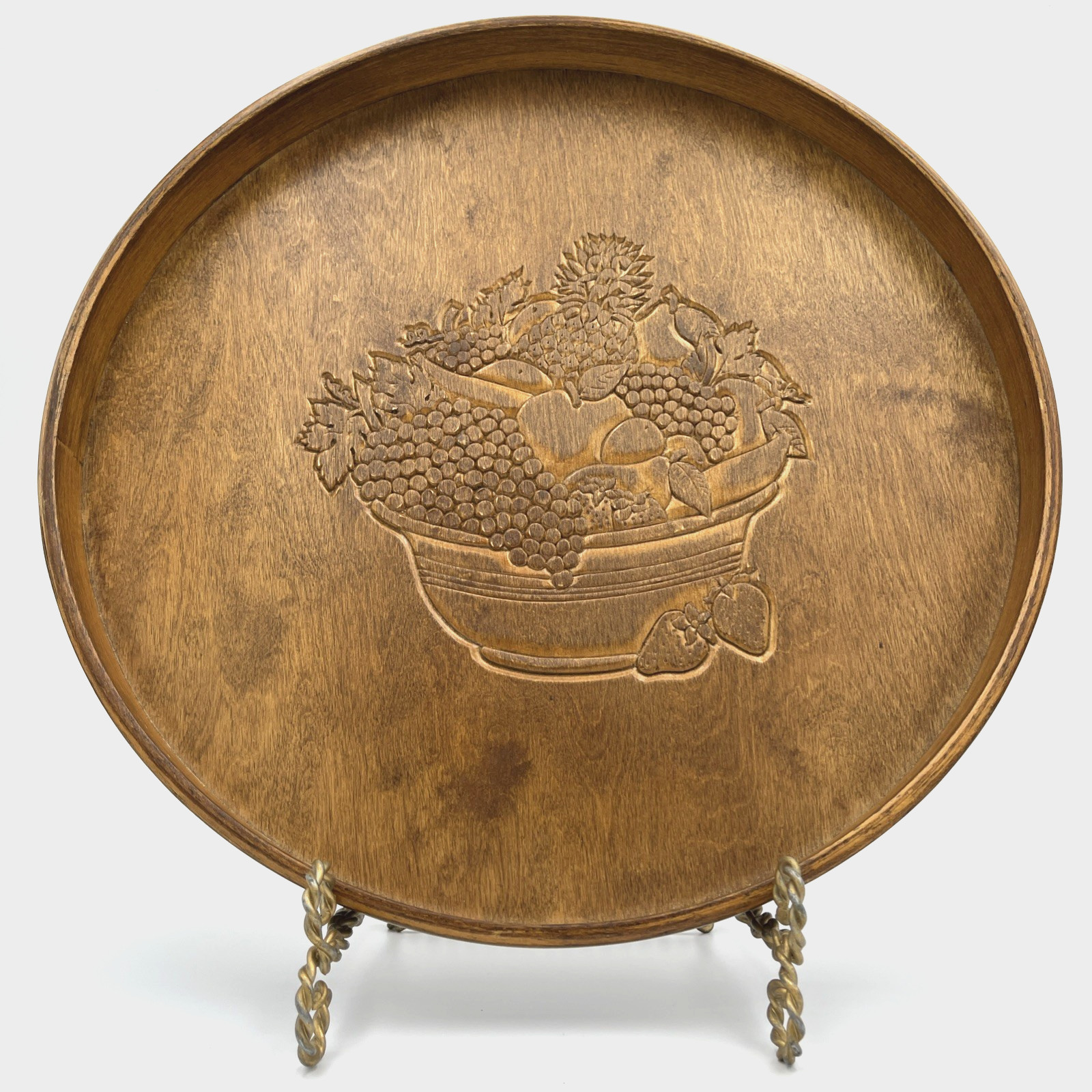Wood Round Serving or Display Tray Fruit Theme Hand Carved 14.5″ D x 1.25″ H