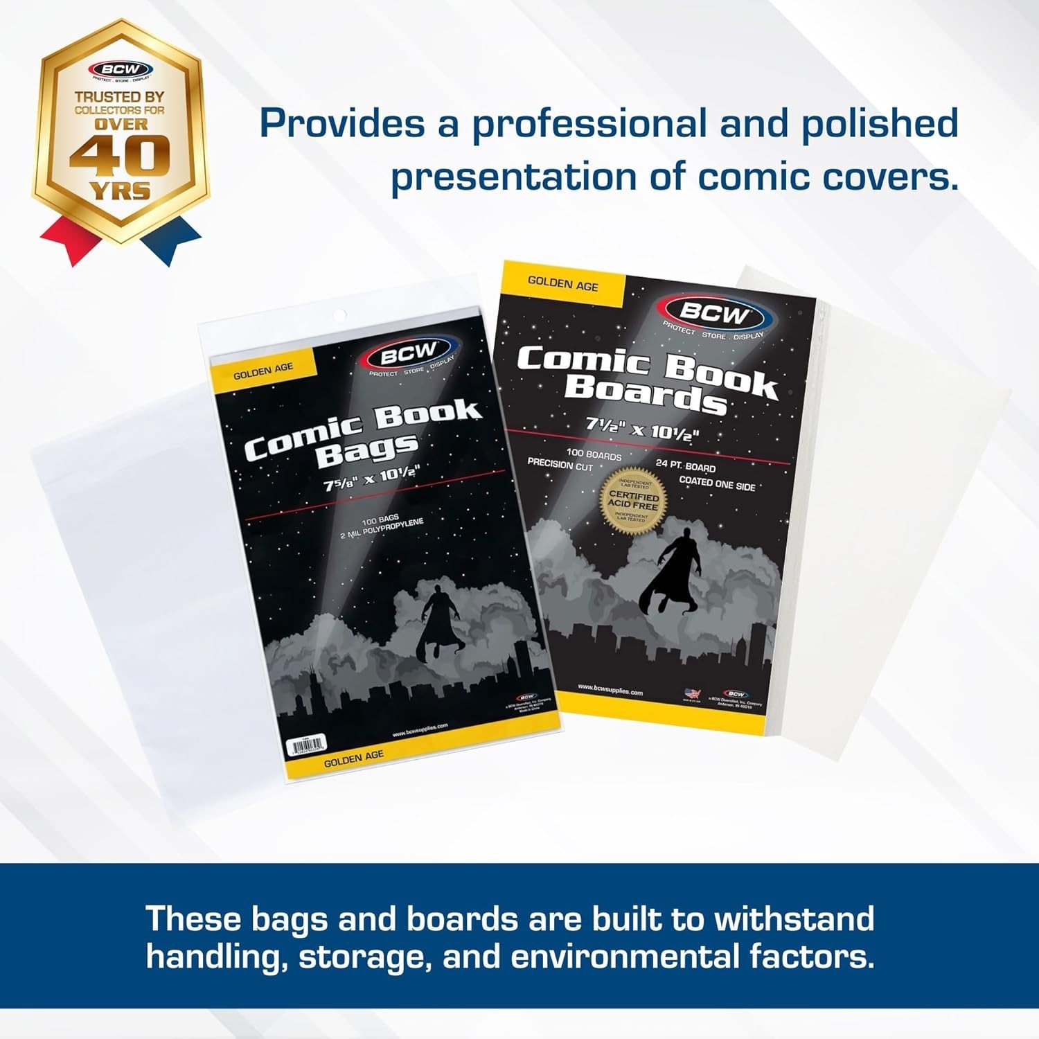 100 Pack BCW Golden Age Comic Book Bags (Resealable) And Boards Acid Free