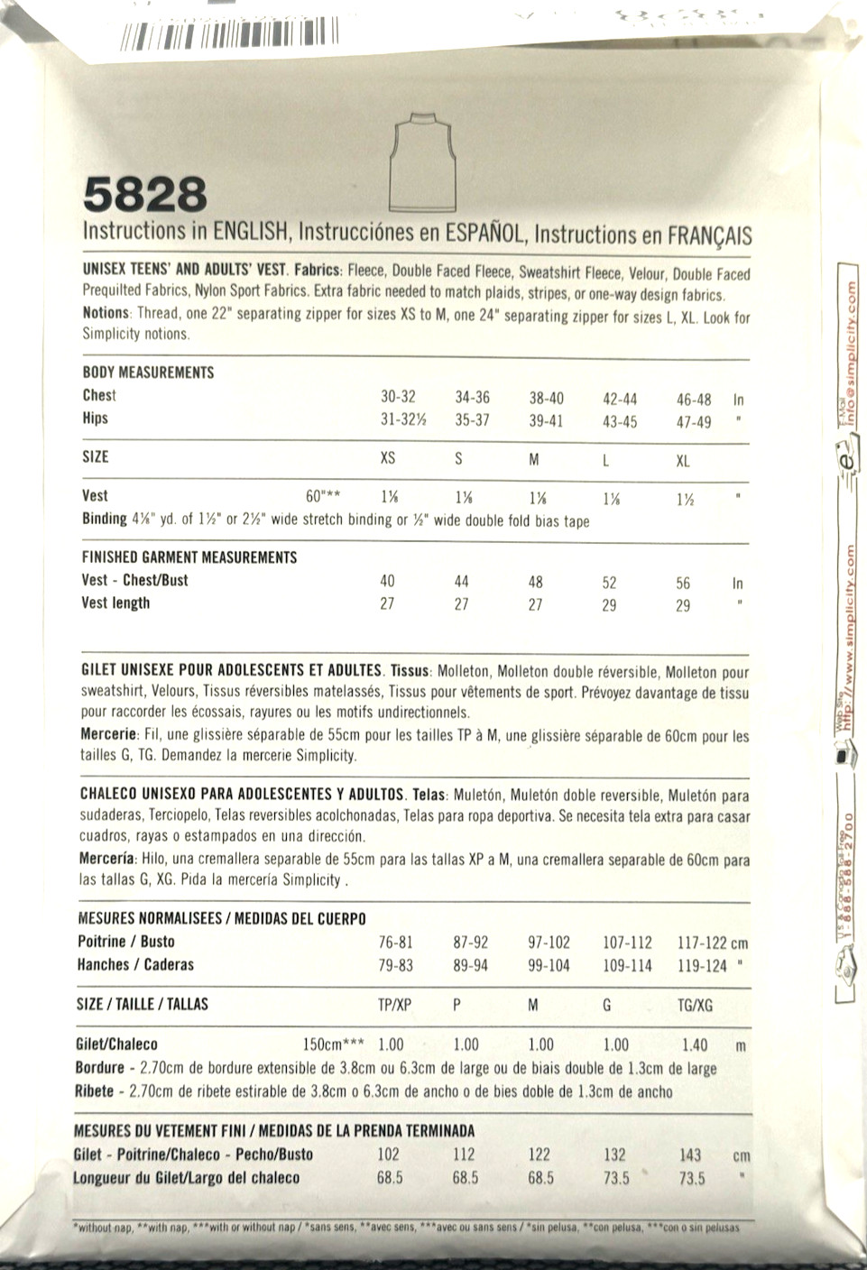 Simplicity Pattern #5828 – Unisex Teens’ & Adults’ Vests ( XS-XL ) Cut