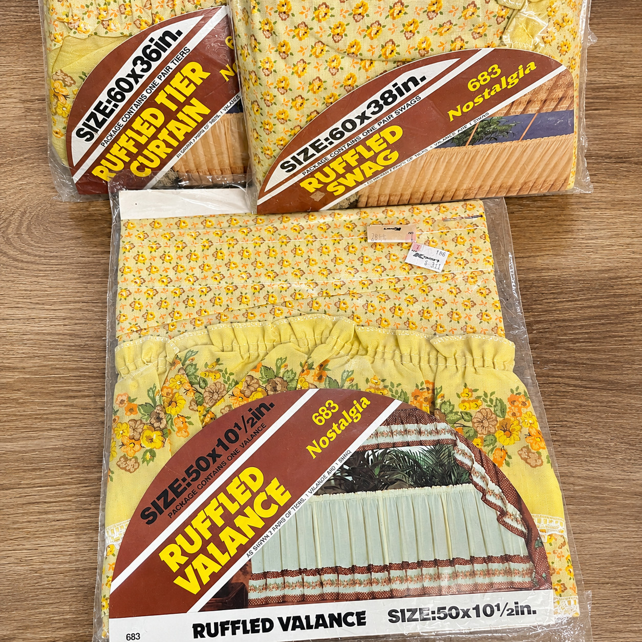 VTG Kitchen Nostalgia Yellow Floral Ruffled Tier Curtains Set W/Valance & Swag