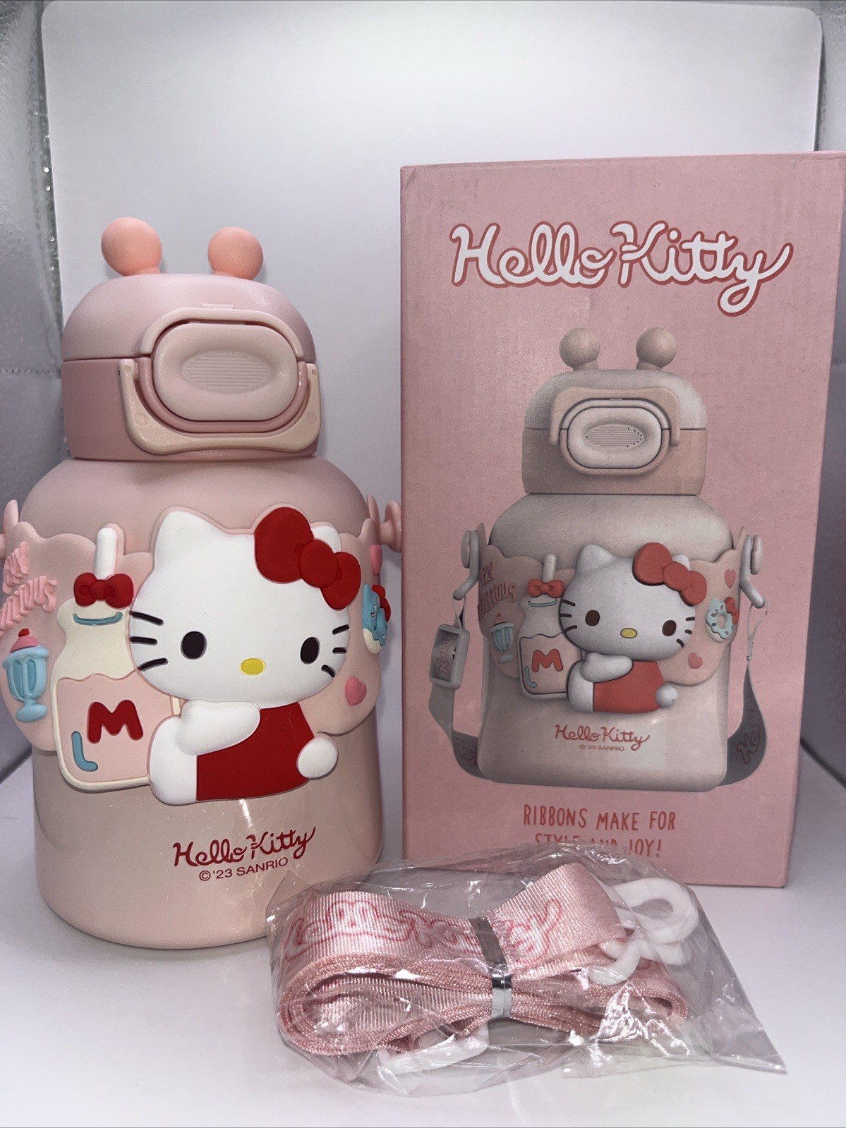 Sanrio Hello Kitty 450ml/16oz Insulated Steel Water Bottle With Strap NIB