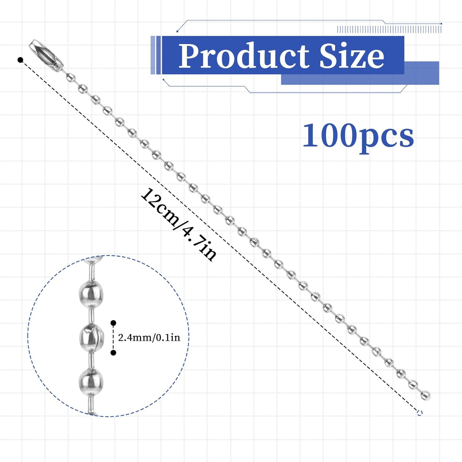 100 Pcs Silver Ball Chain Keychains 4.7 Inch Stainless Steel Dog Tag Chains 2.4m