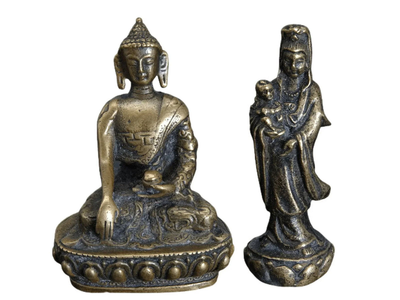 Miniature Antique Bronze Buddha and Guanyin Bodhisattva