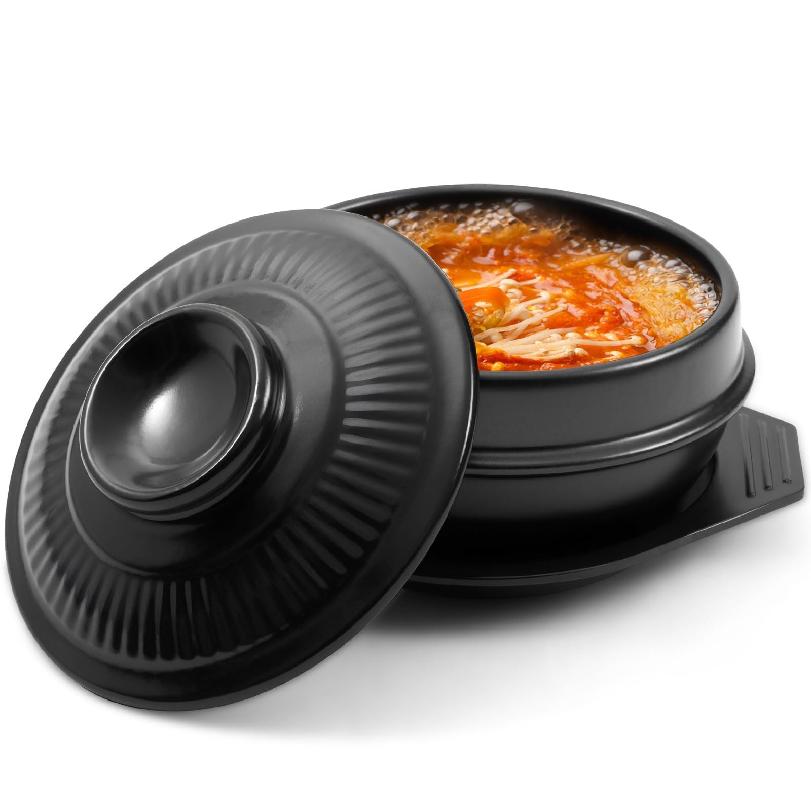 Singhoow Korean Stone Bowl with Lid and Platter 32 oz Ceramic As shown, Black