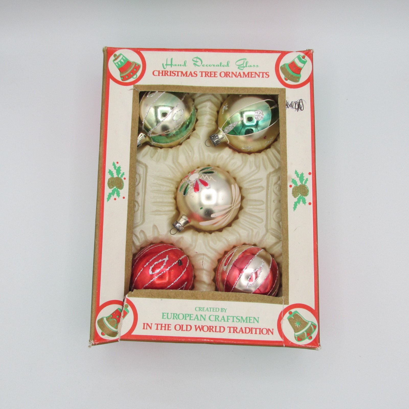 VTG 5 Commodore Christmas Classics European Hand Painted 2 1/4″ Glass Ornaments