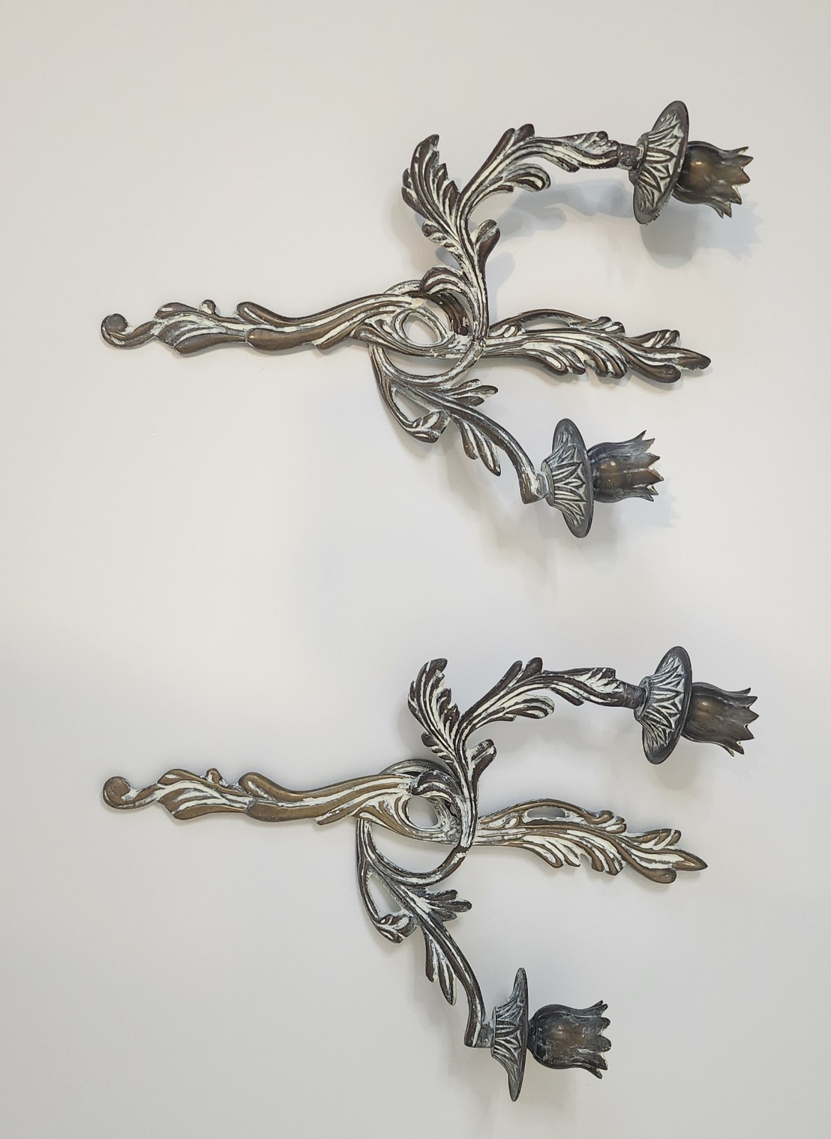 VINTAGE SOLID BRASS ORNATE WALL SCONCES CANDLE HOLDERS LOUIS XV ROCOCO STYLE