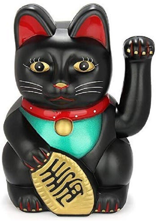 Feng Shui BECKONING CAT Wealth Lucky Waving Kitty Maneki Neko BLACK 6 inch